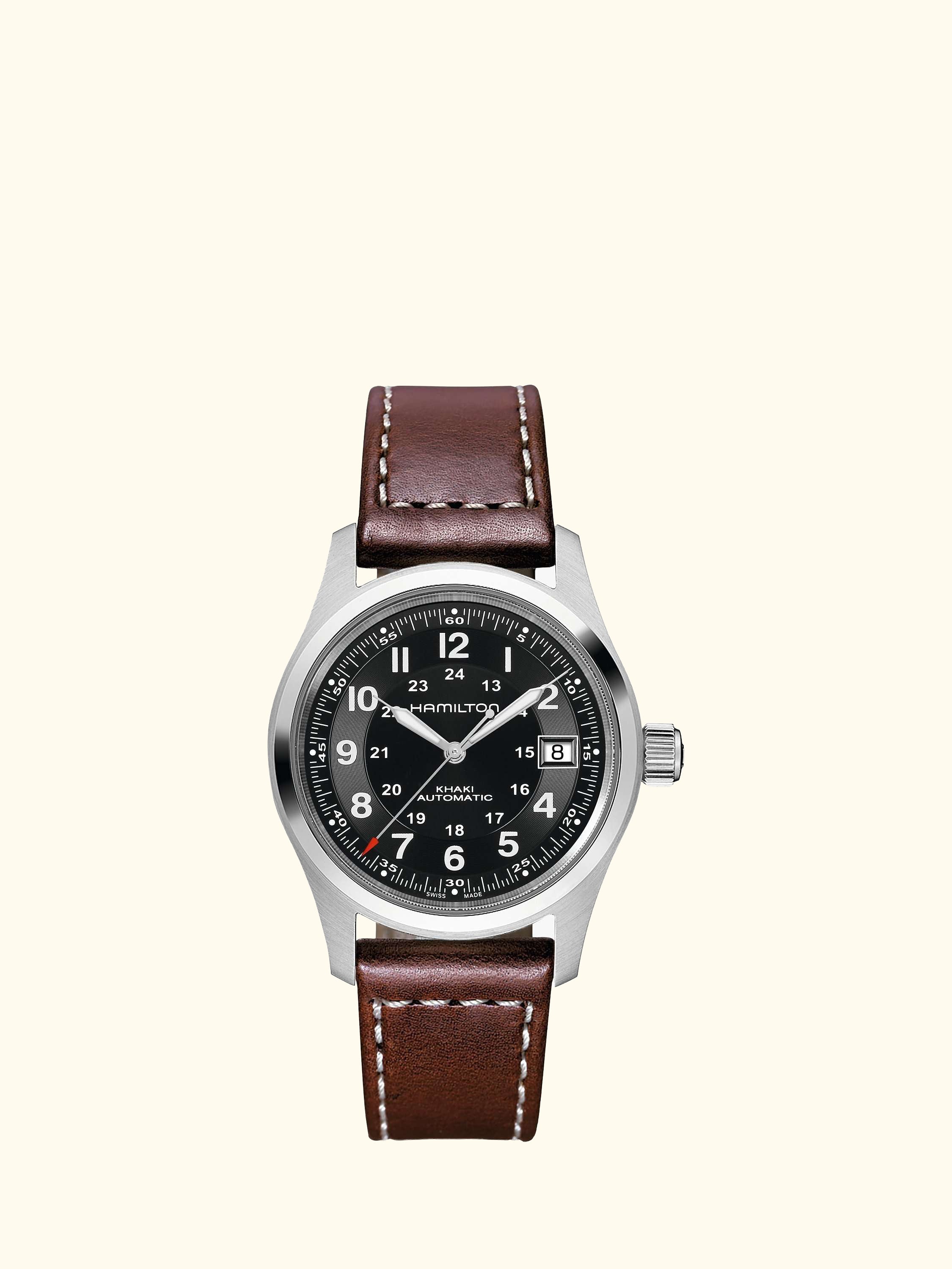 H70455533 Men's Khaki Field Automatic Date Leather Strap Watch, Brown/Black