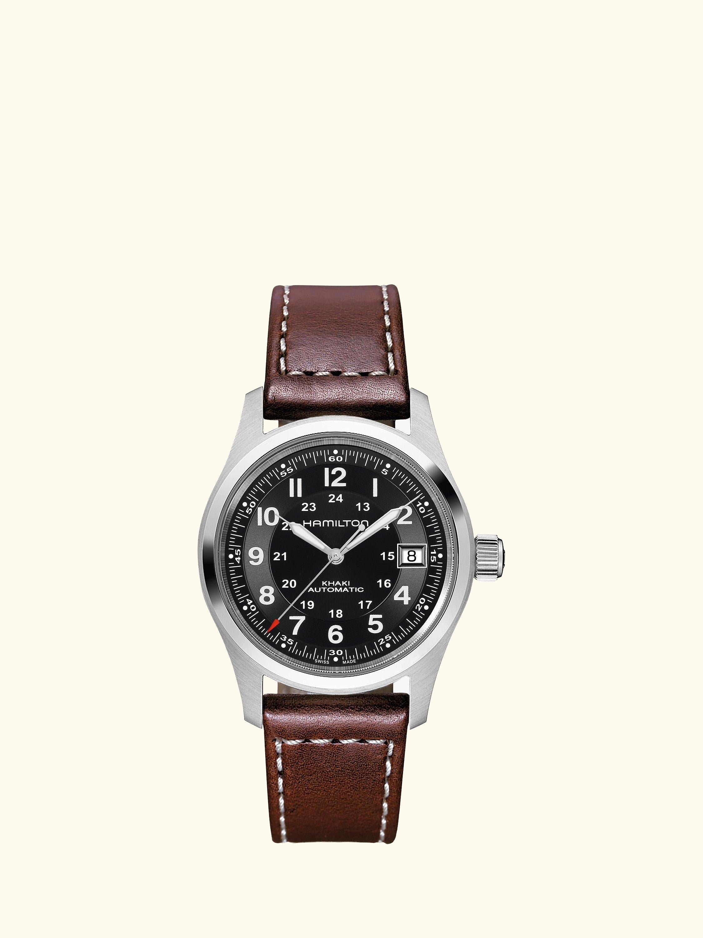 H70455533 Men's Khaki Field Automatic Date Leather Strap Watch, Brown/Black