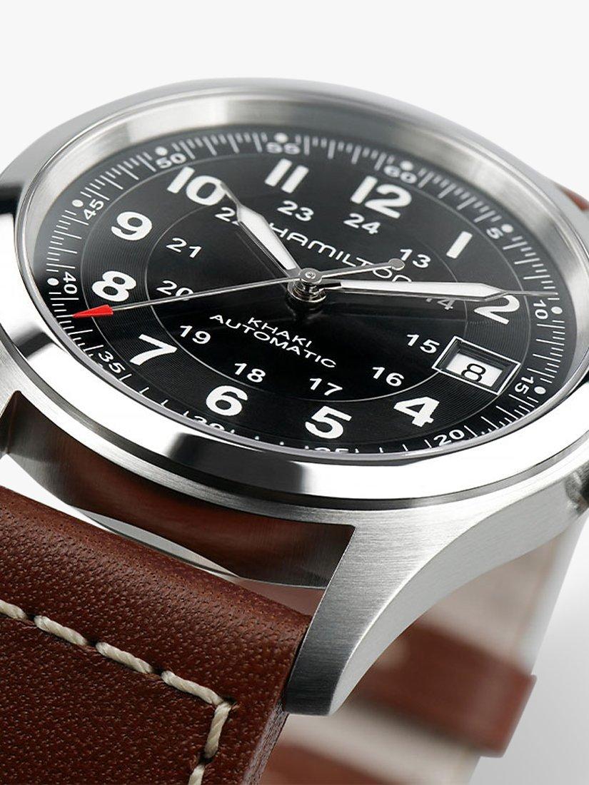 H70455533 Men's Khaki Field Automatic Date Leather Strap Watch, Brown/Black
