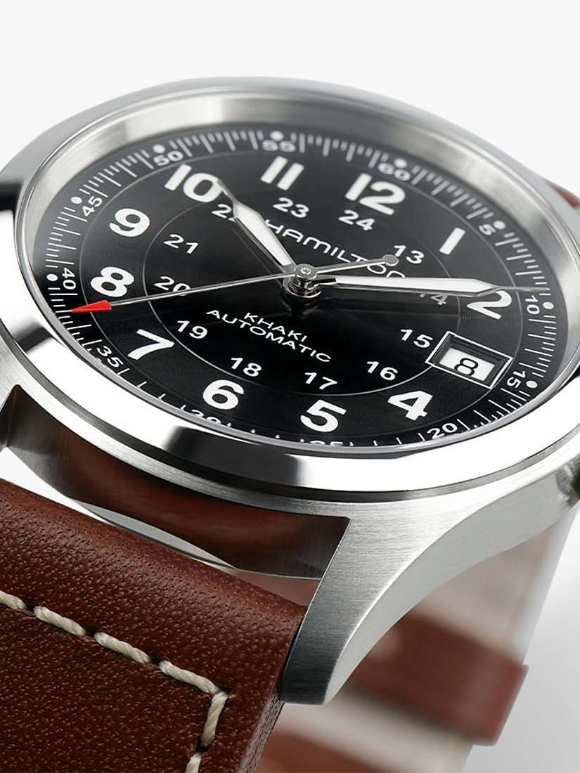 H70455533 Men's Khaki Field Automatic Date Leather Strap Watch, Brown/Black