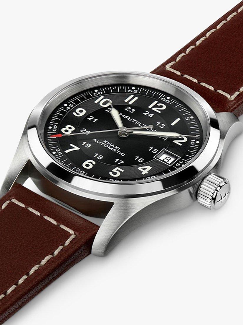 H70455533 Men's Khaki Field Automatic Date Leather Strap Watch, Brown/Black