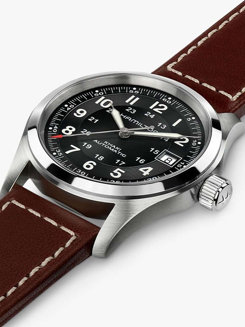 H70455533 Men's Khaki Field Automatic Date Leather Strap Watch, Brown/Black