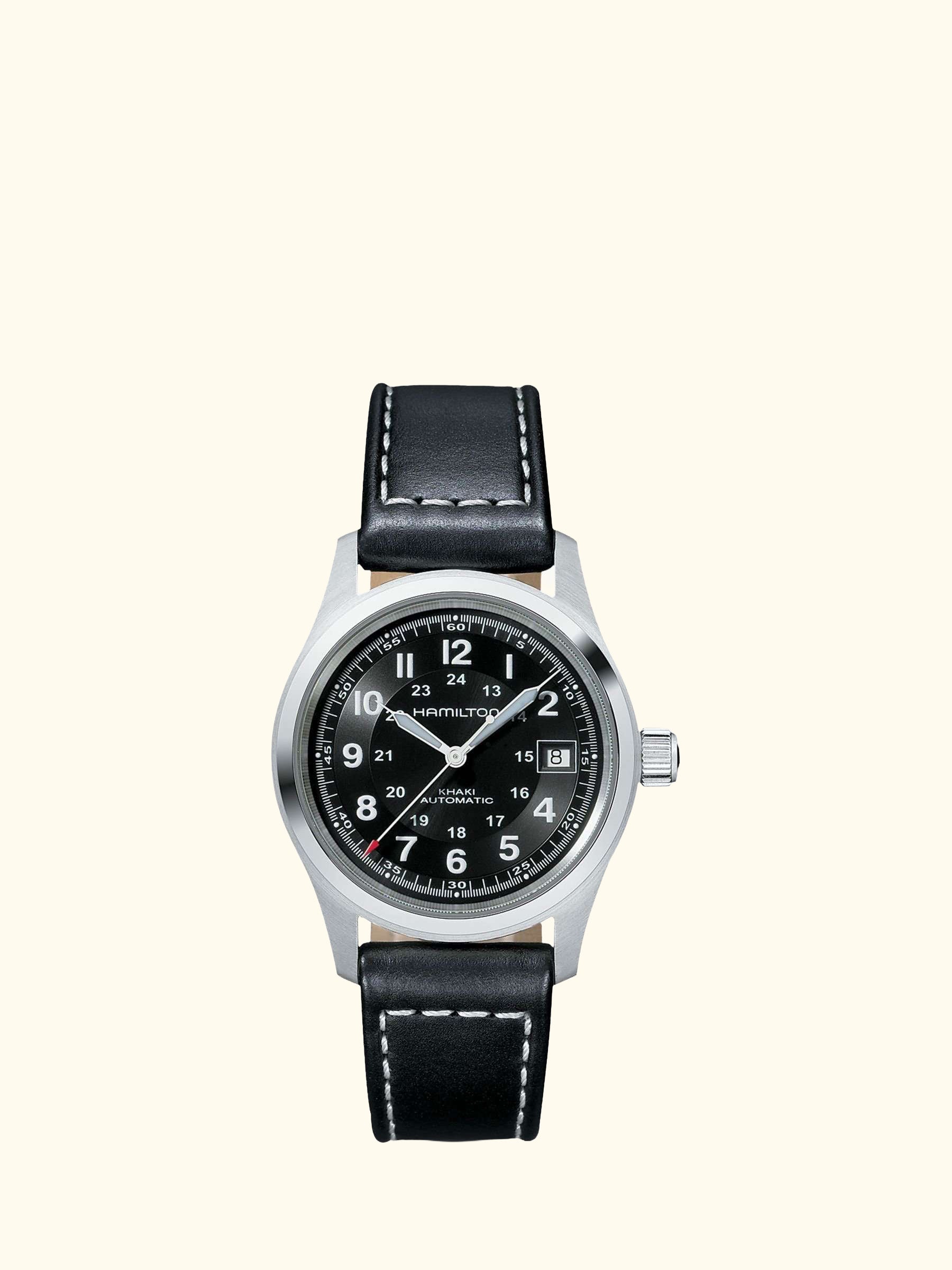 H70455733 Men's Khaki Field Automatic Date Leather Strap Watch, Black