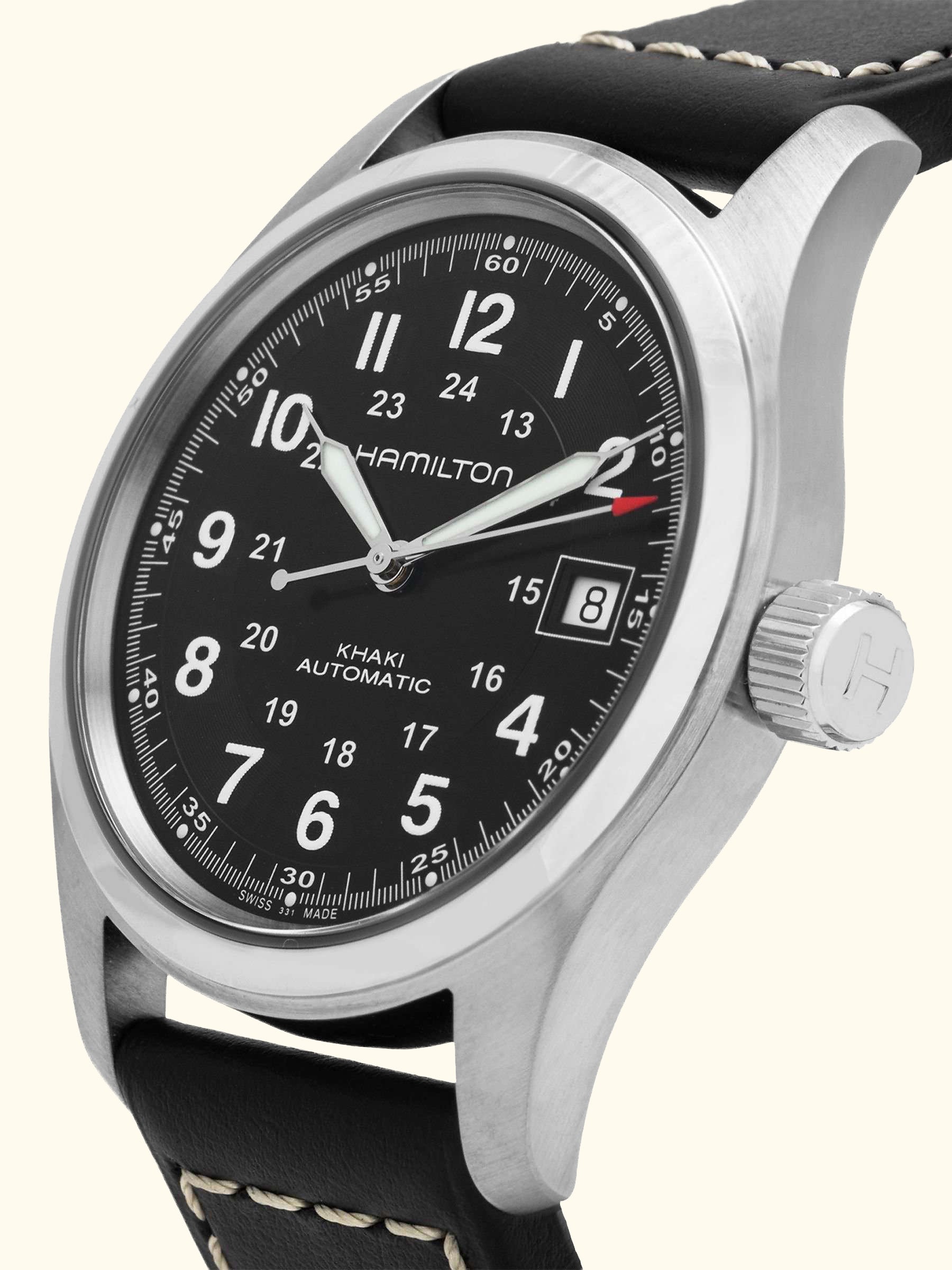 H70455733 Men's Khaki Field Automatic Date Leather Strap Watch, Black