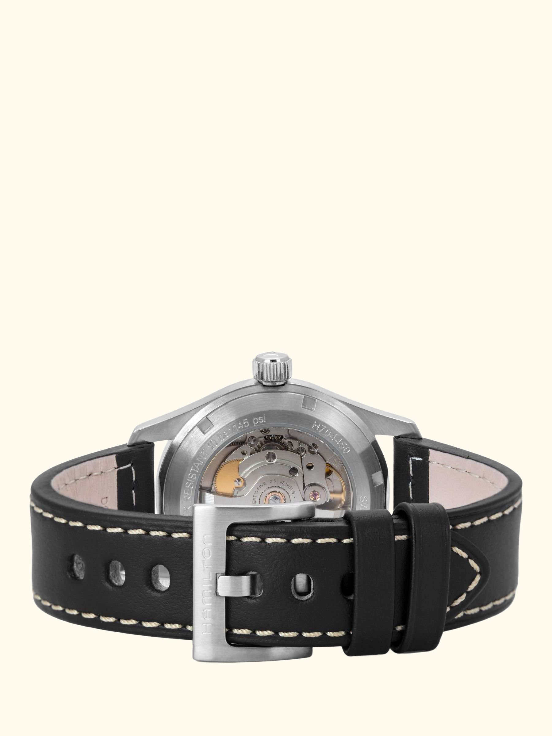 H70455733 Men's Khaki Field Automatic Date Leather Strap Watch, Black