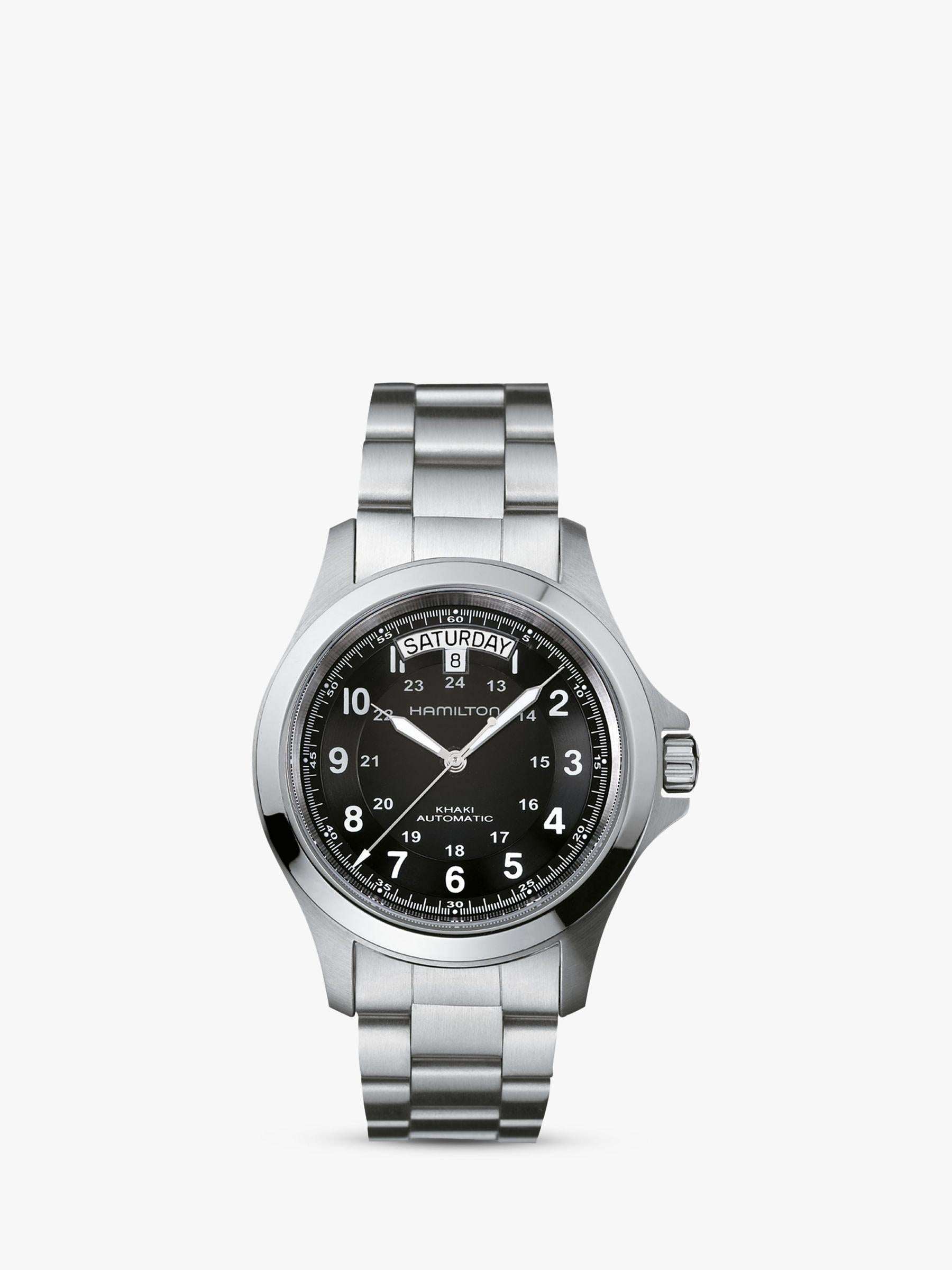 H64455133 Men's Khaki Field King Automatic Day Date Bracelet Strap Watch, Silver/Black