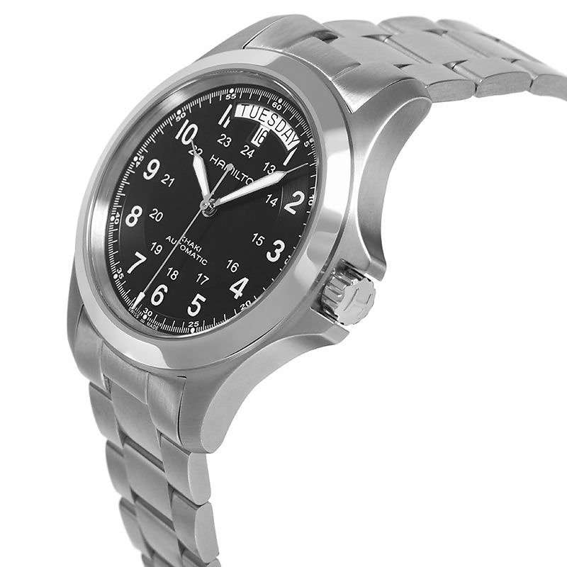 H64455133 Men's Khaki Field King Automatic Day Date Bracelet Strap Watch, Silver/Black