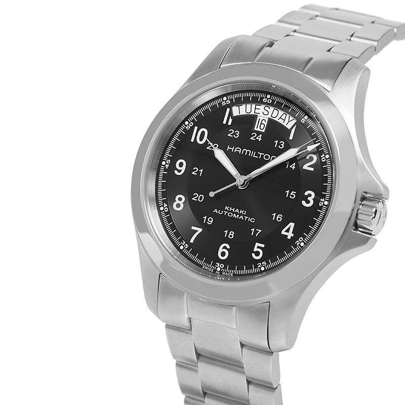 H64455133 Men's Khaki Field King Automatic Day Date Bracelet Strap Watch, Silver/Black