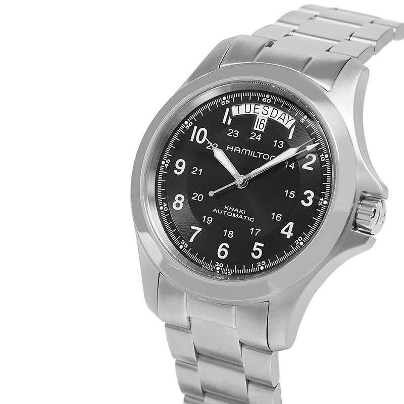 H64455133 Men's Khaki Field King Automatic Day Date Bracelet Strap Watch, Silver/Black