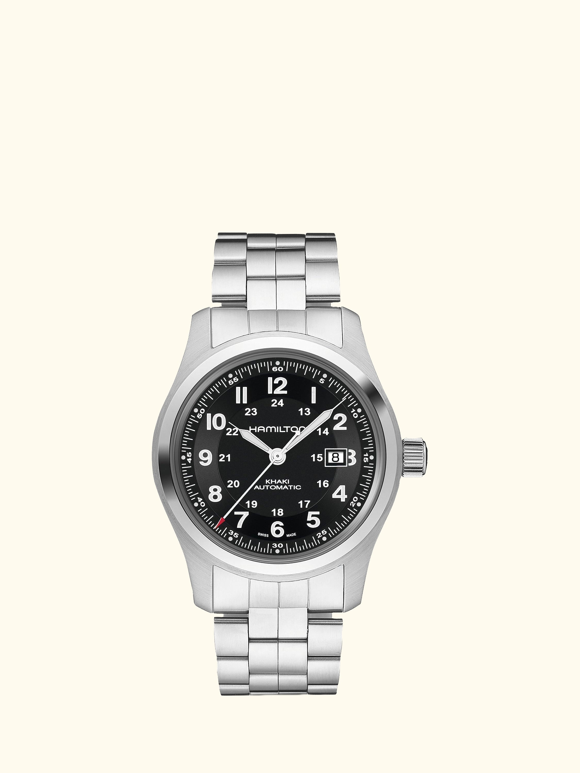 H70515137 Men's Khaki Field Automatic Date Bracelet Strap Watch, Silver/Black