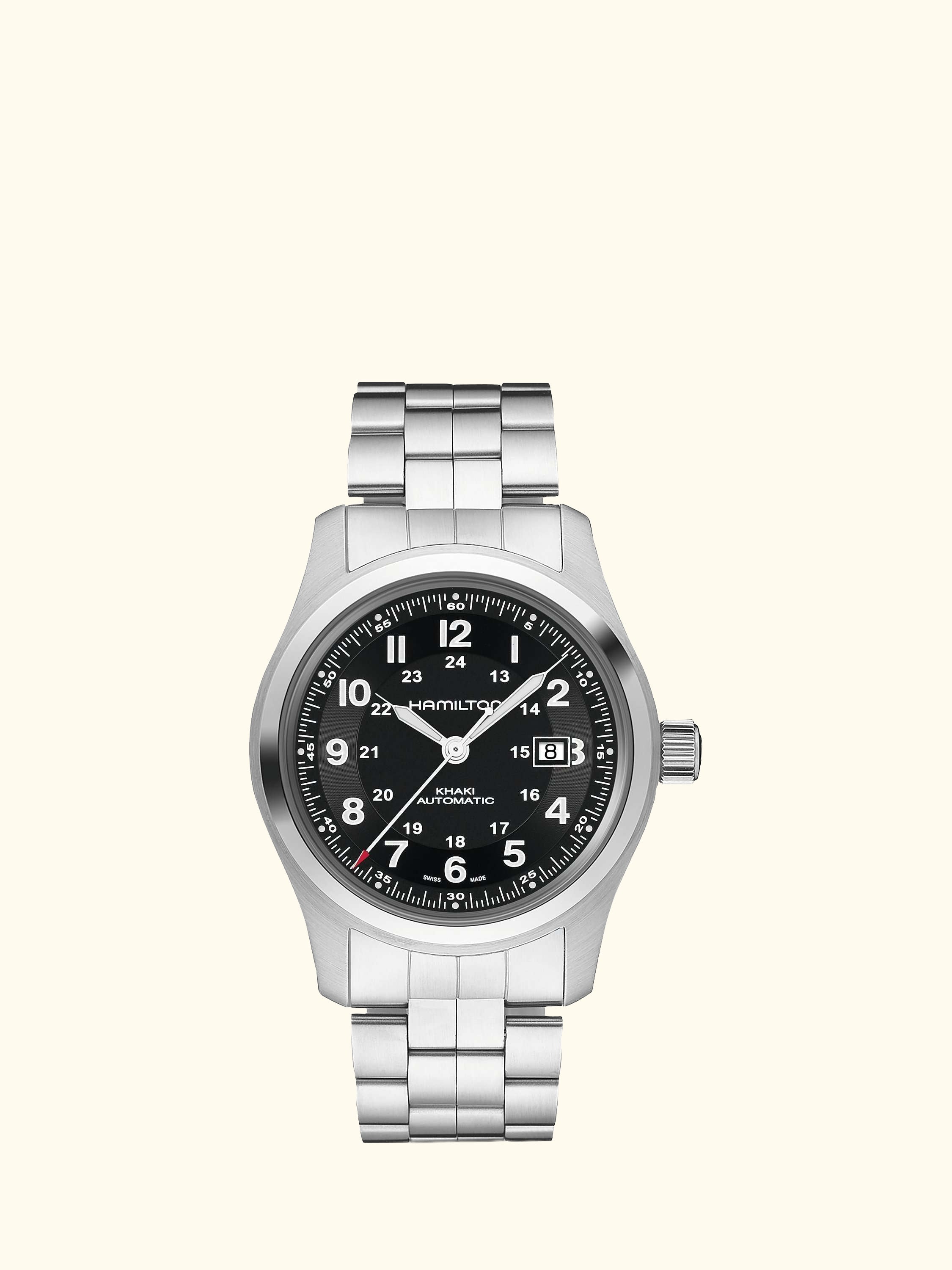 H70515137 Men's Khaki Field Automatic Date Bracelet Strap Watch, Silver/Black