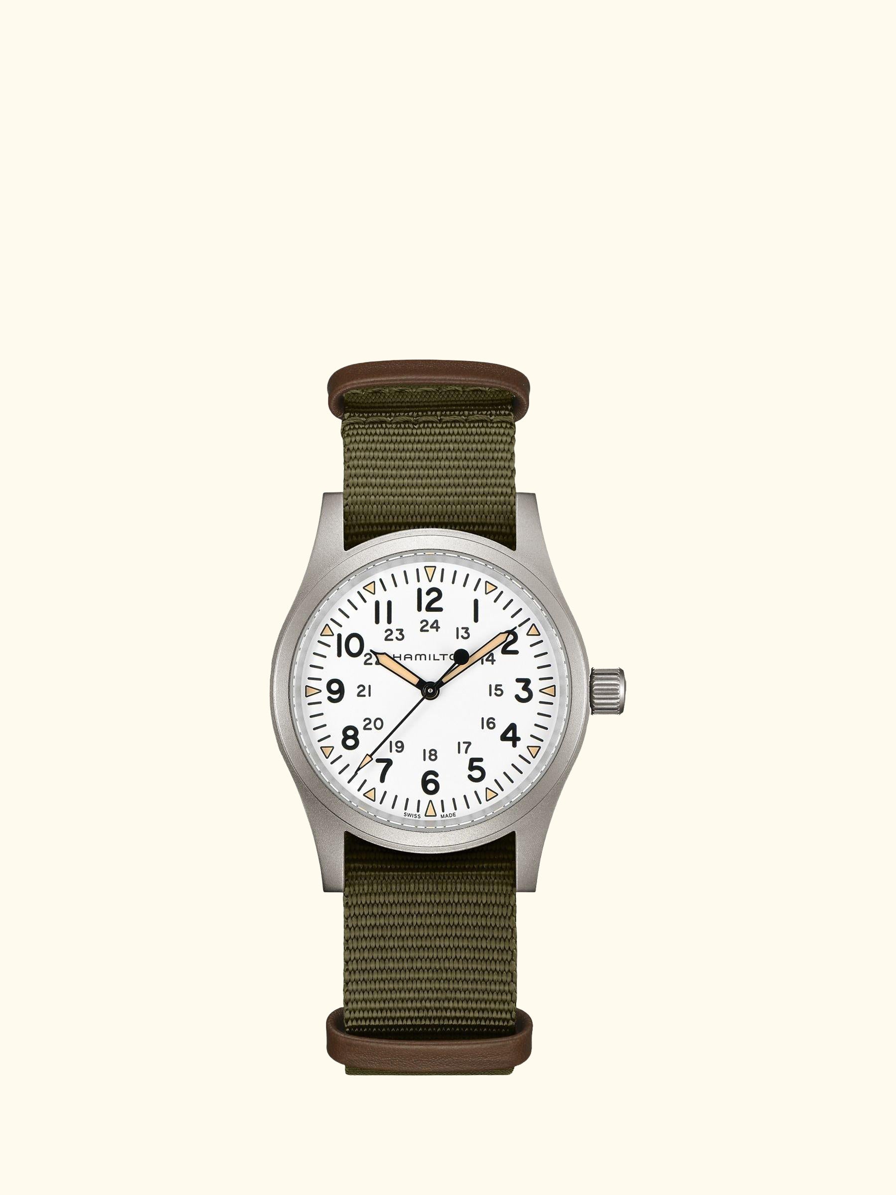 H69439411 Men's Khaki Field Mechanical Nato Fabric Strap Watch, Green/White