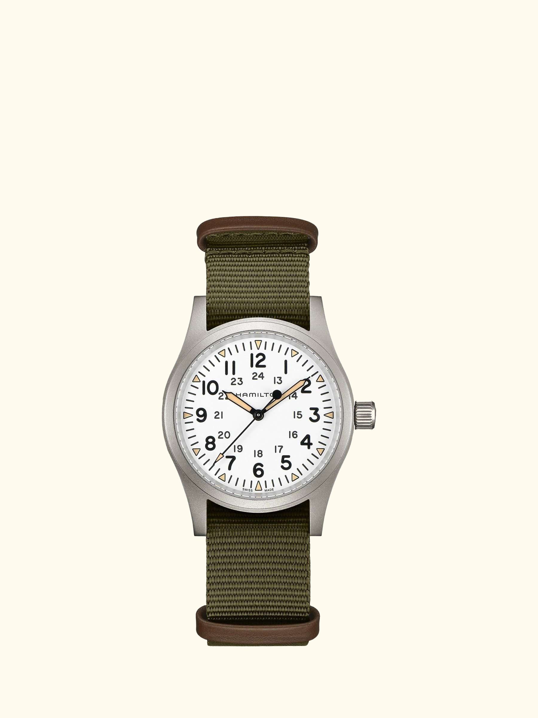 H69439411 Men's Khaki Field Mechanical Nato Fabric Strap Watch, Green/White