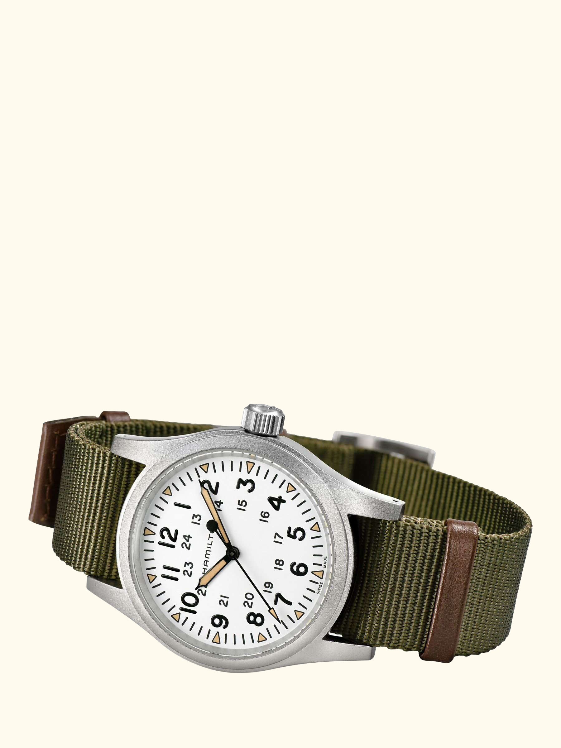 H69439411 Men's Khaki Field Mechanical Nato Fabric Strap Watch, Green/White