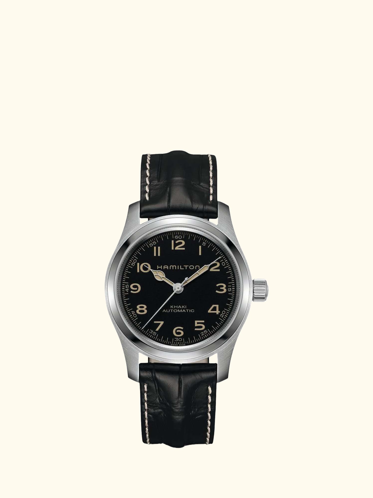 H70605731 Men's Khaki Field Automatic Leather Strap Watch, Black
