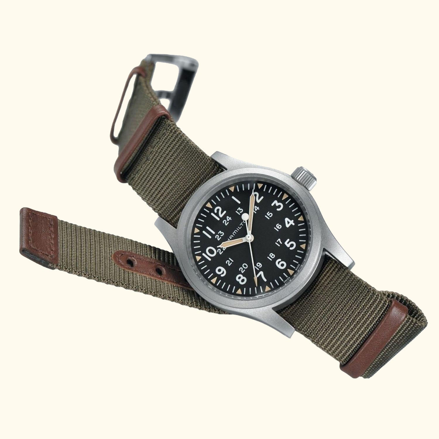 H69439931 Men's Khaki Field Mechanical Date Nato Fabric Strap Watch, Green/Black