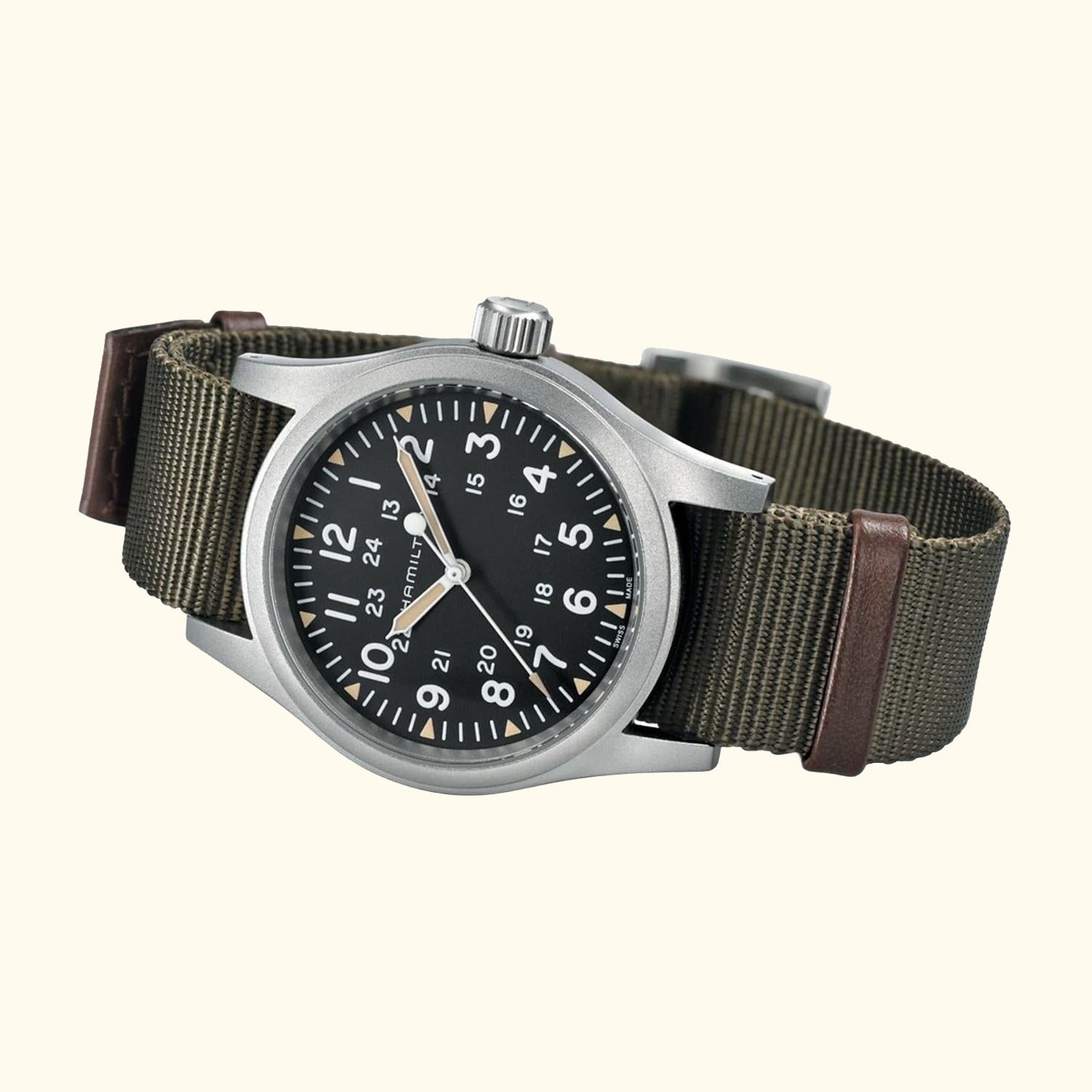 H69439931 Men's Khaki Field Mechanical Date Nato Fabric Strap Watch, Green/Black