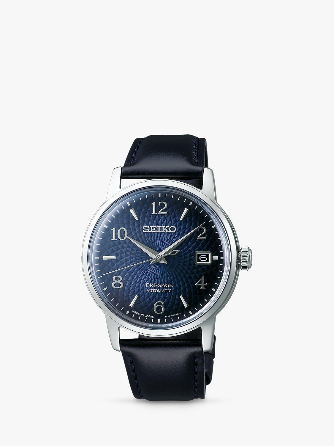 SRPE43J1 Men's Presage Cocktail Time Old Clock Leather Strap Watch, Blue/Black