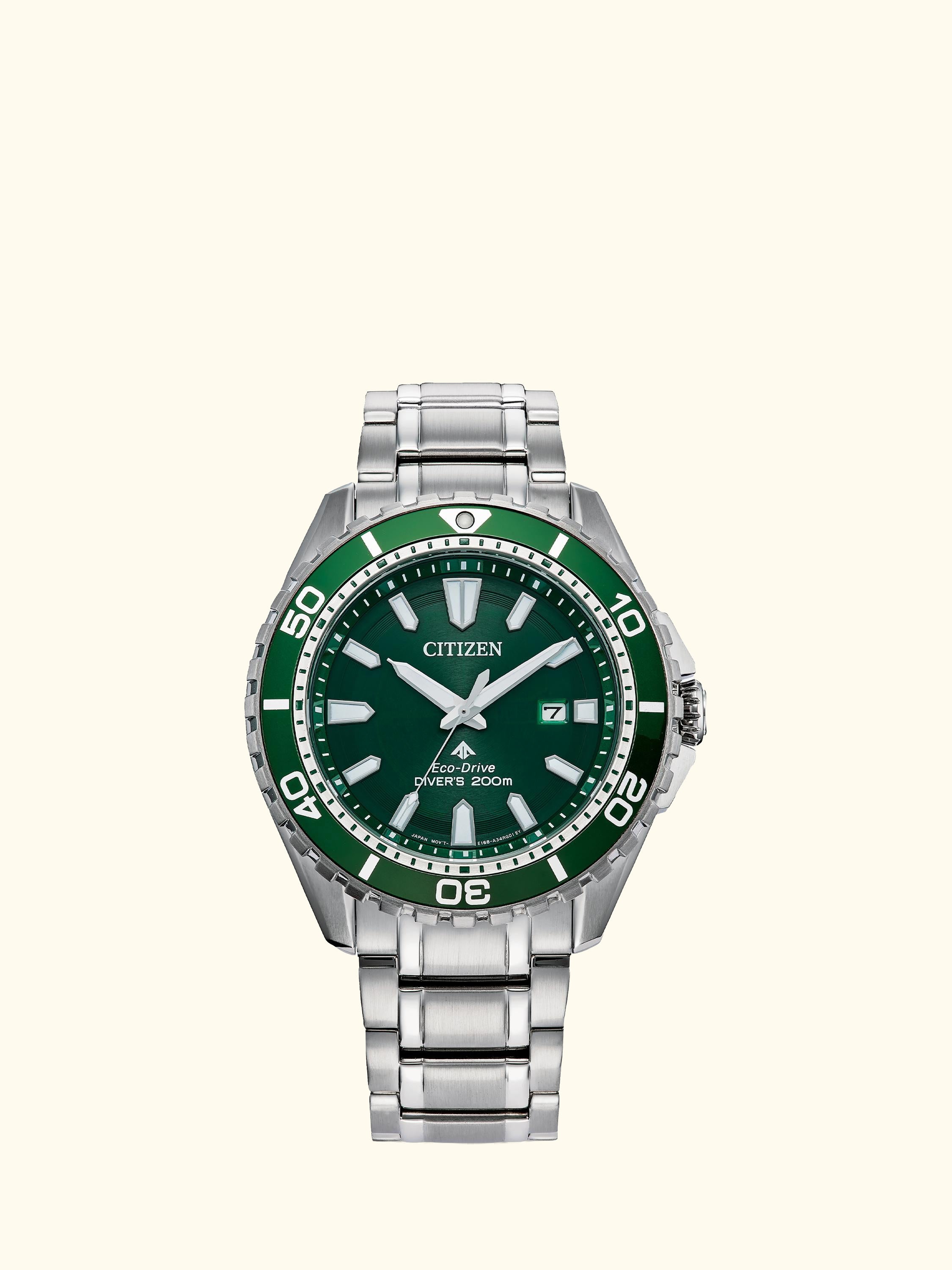 BN0199-53X Men's Promaster Eco-Drive Date Diving Bracelet Strap Watch, Silver/Green