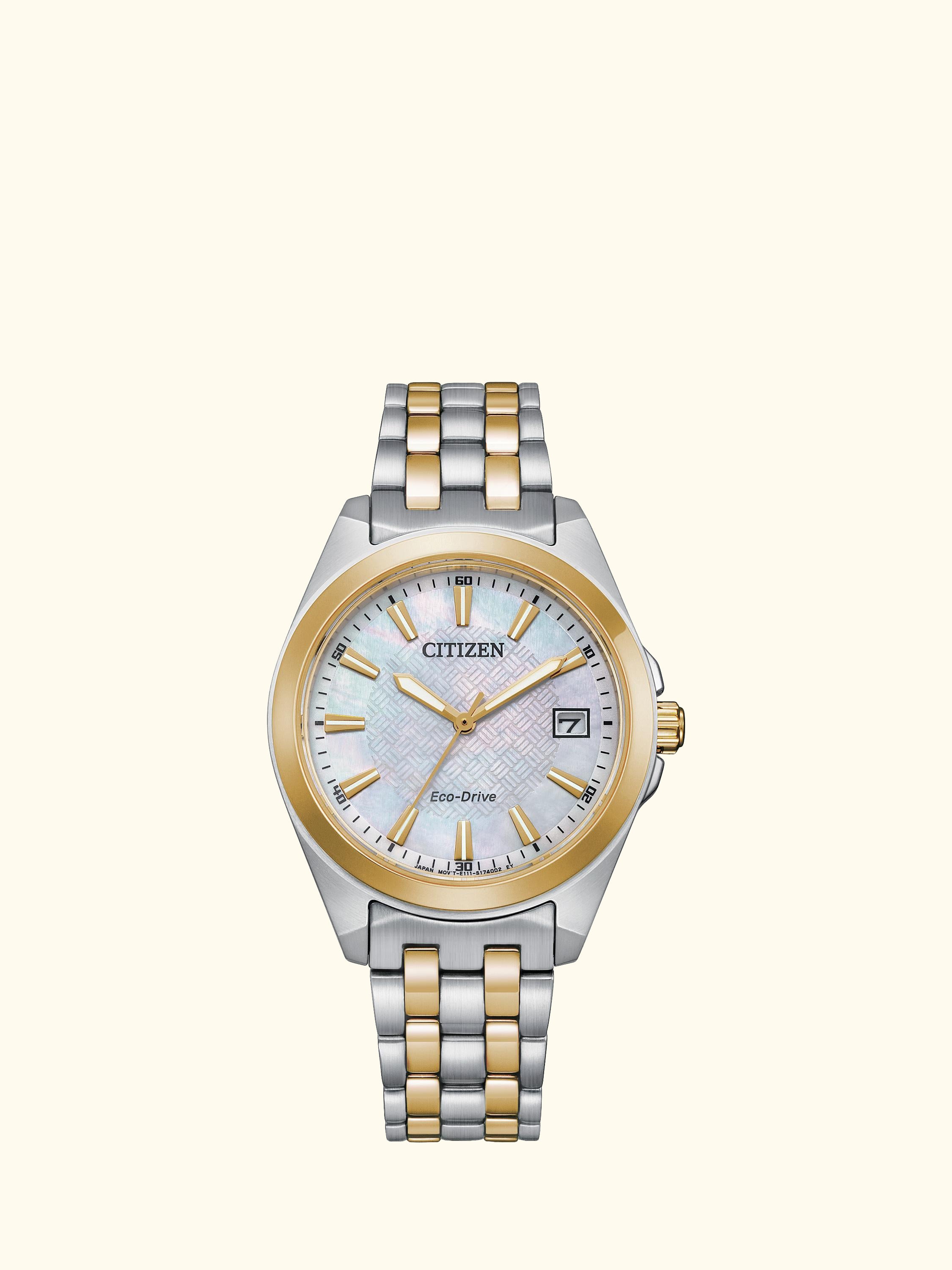 EO1224-54D Women's Two-Tone Eco-Drive Date Bracelet Strap Watch, Silver/Gold