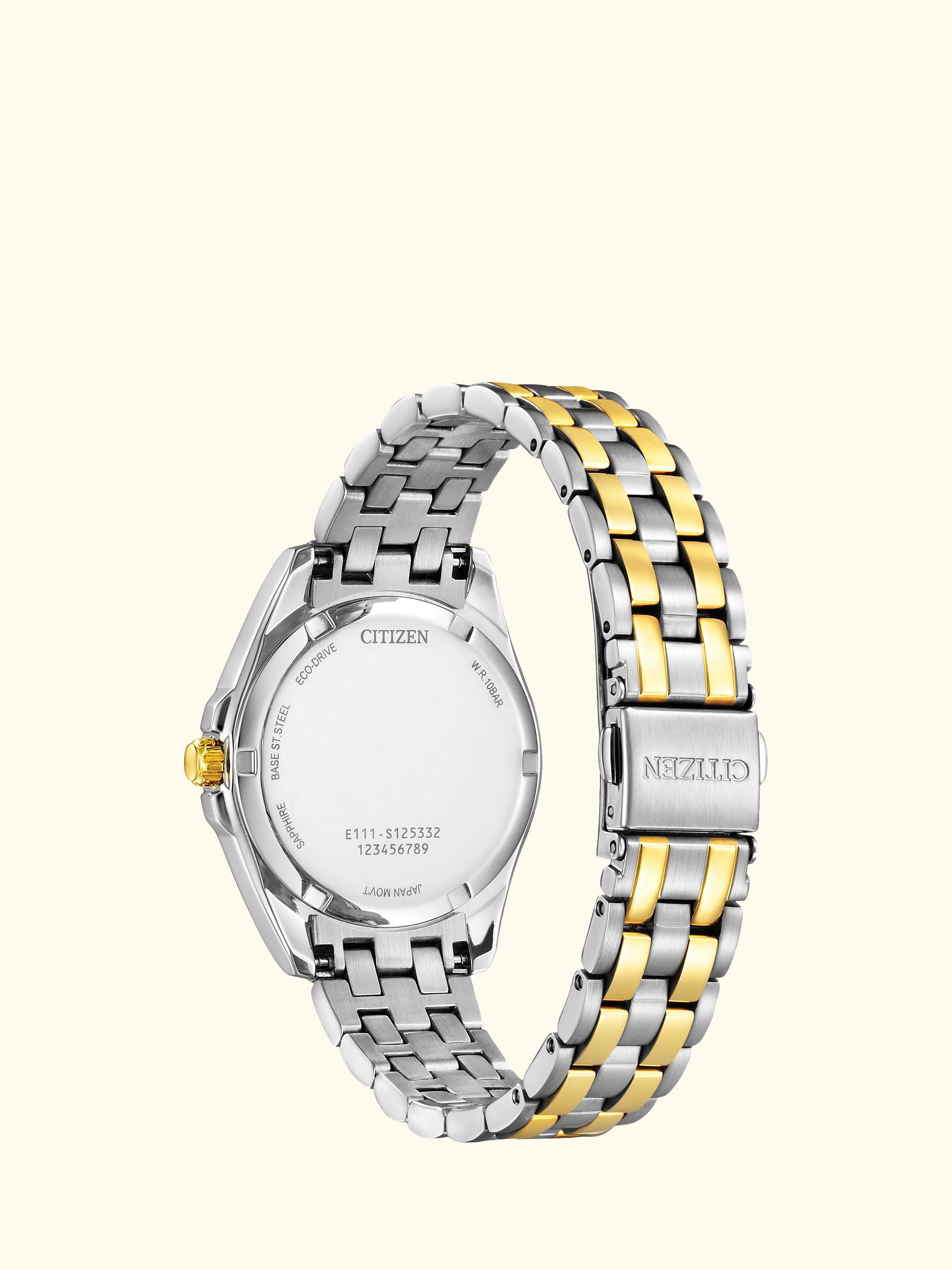 EO1224-54D Women's Two-Tone Eco-Drive Date Bracelet Strap Watch, Silver/Gold