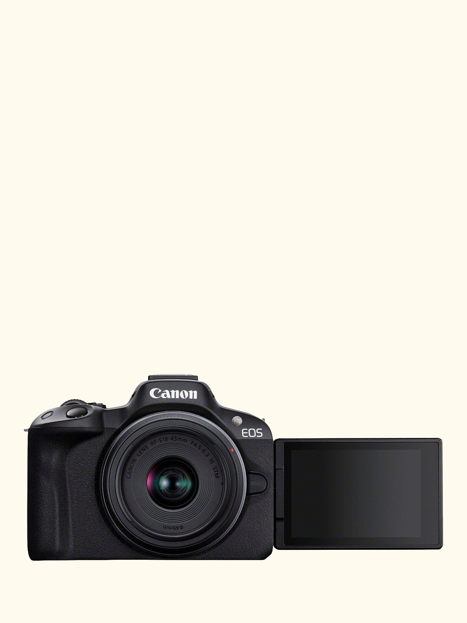 EOS R50 Compact System Camera with RF-S 18-45mm Zoom Lens, 4K Ultra HD, 24.2MP, Wi-Fi, Bluetooth, OLED EVF, 3” Vari-Angle Touch Screen
