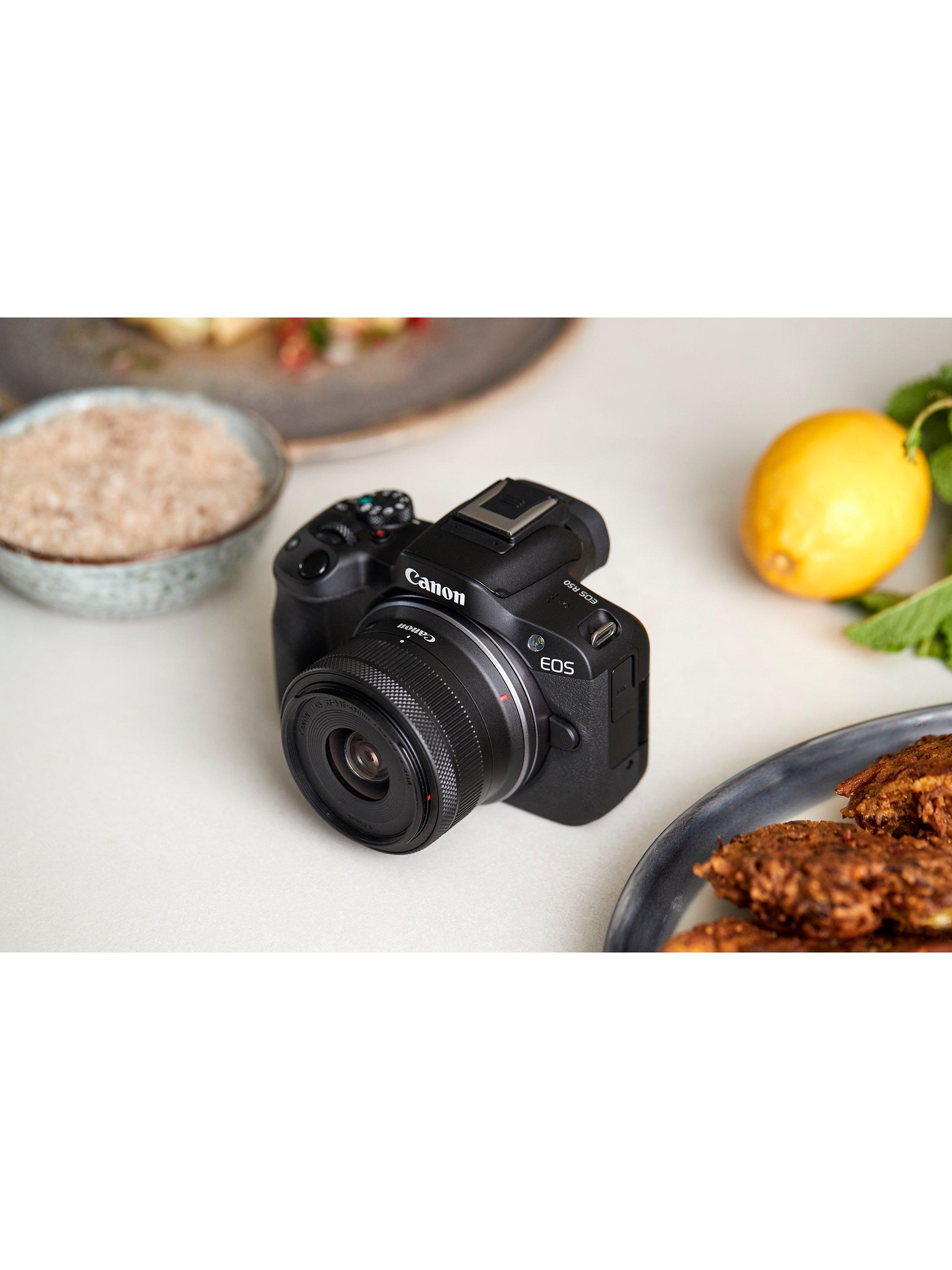 EOS R50 Compact System Camera with RF-S 18-45mm Zoom Lens, 4K Ultra HD, 24.2MP, Wi-Fi, Bluetooth, OLED EVF, 3” Vari-Angle Touch Screen