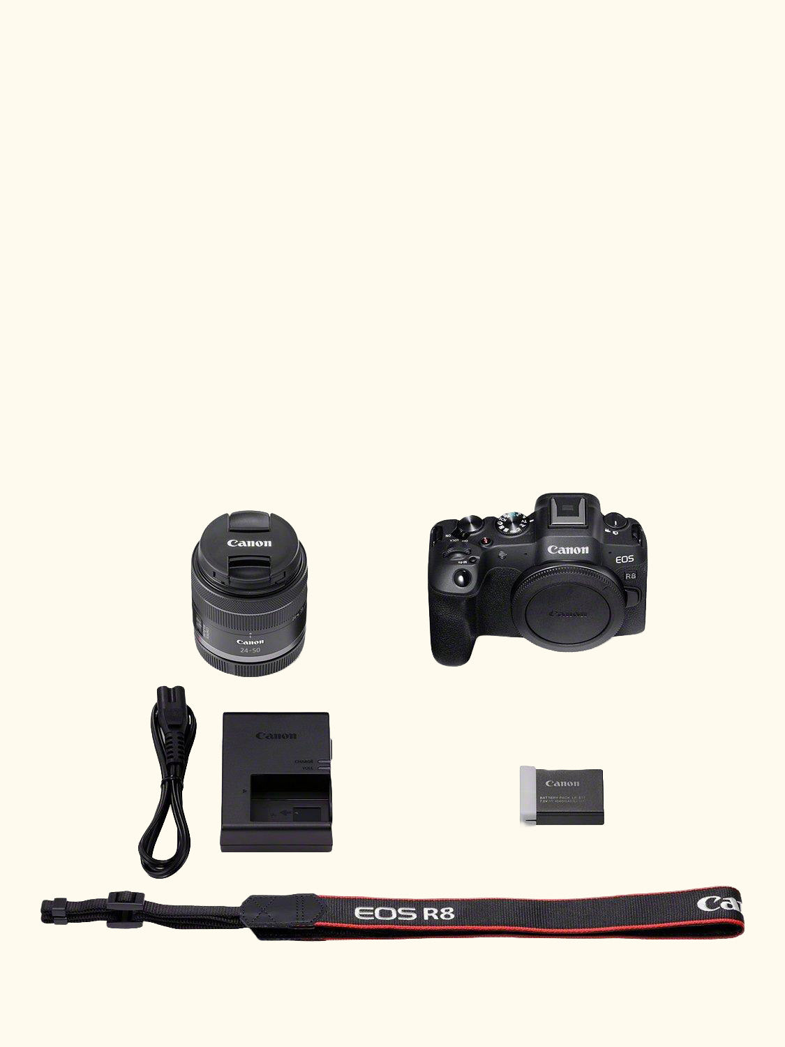 EOS R8 Compact System Camera with RF 24-50mm Zoom Lens, 4K Ultra HD, 24.2MP, Wi-Fi, Bluetooth, OLED EVF, 3” Vari-Angle Touch Screen, Black