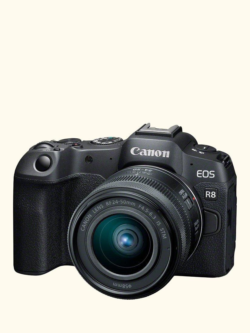 EOS R8 Compact System Camera with RF 24-50mm Zoom Lens, 4K Ultra HD, 24.2MP, Wi-Fi, Bluetooth, OLED EVF, 3” Vari-Angle Touch Screen, Black