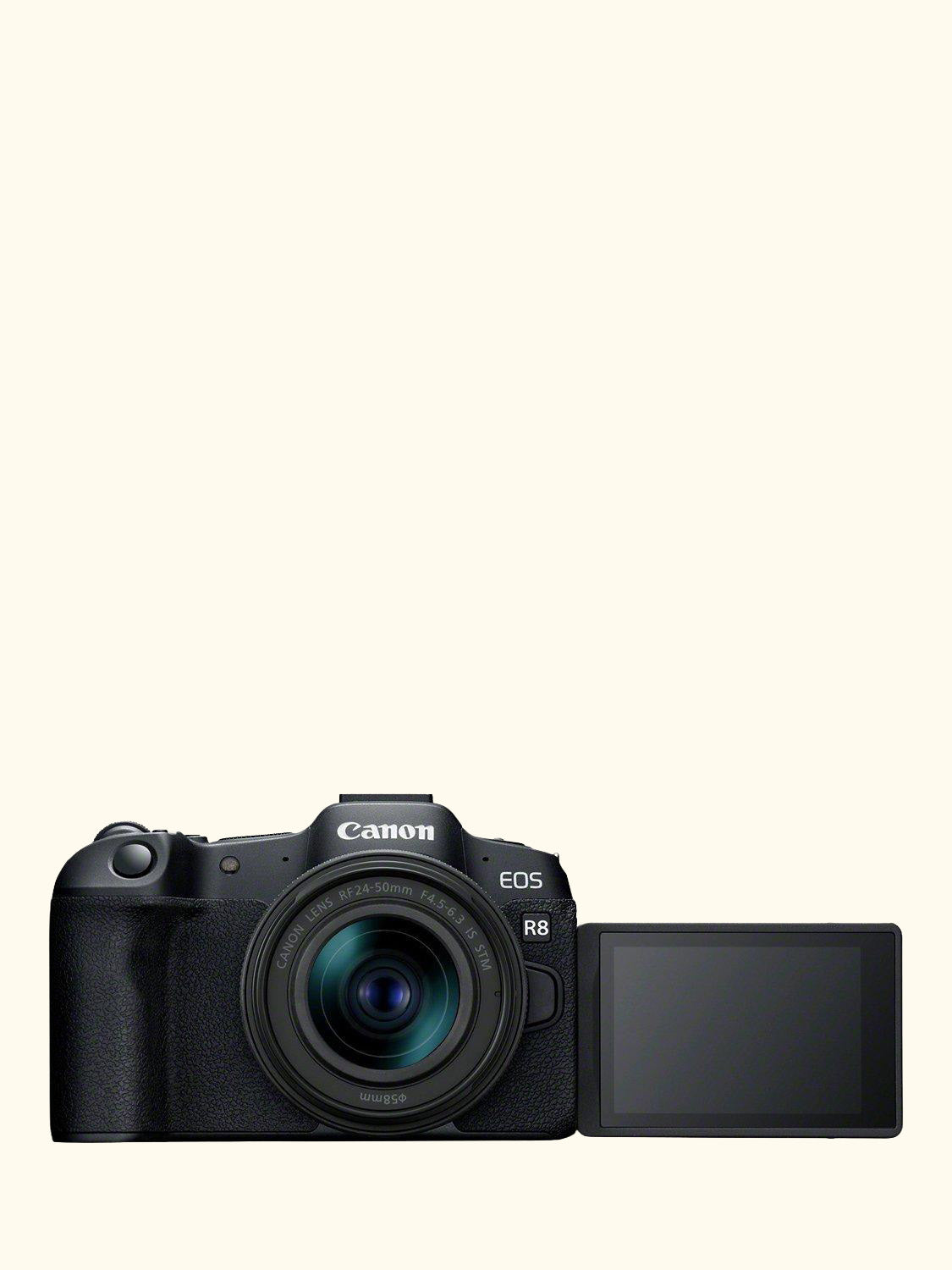 EOS R8 Compact System Camera with RF 24-50mm Zoom Lens, 4K Ultra HD, 24.2MP, Wi-Fi, Bluetooth, OLED EVF, 3” Vari-Angle Touch Screen, Black