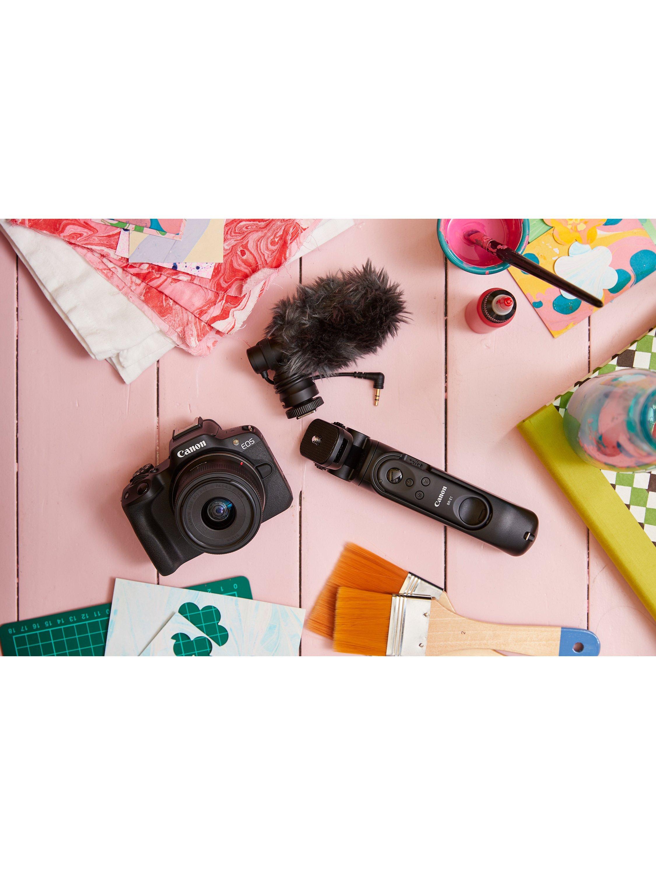 EOS R50 Compact System Camera with RF-S 18-45mm Zoom Lens, 4K Ultra HD, 24.2MP, Wi-Fi, Bluetooth, OLED EVF, 3” Vari-Angle Touch Screen, Black, Vlogger Kit with Microphone, Tripod Grip & Memory Card