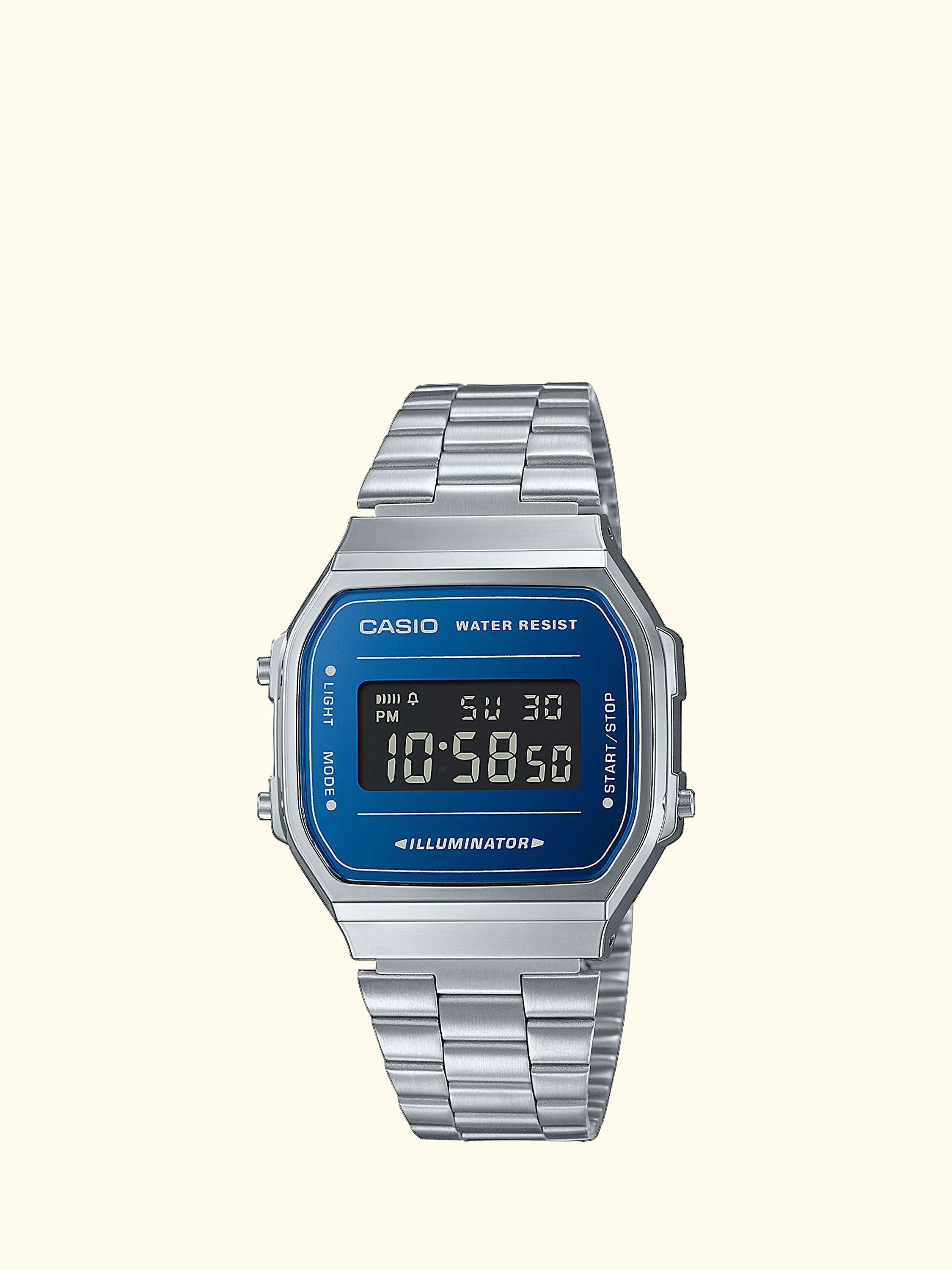 A168WEM-2BEF Unisex Retro Digital Bracelet Strap Watch, Silver/Blue
