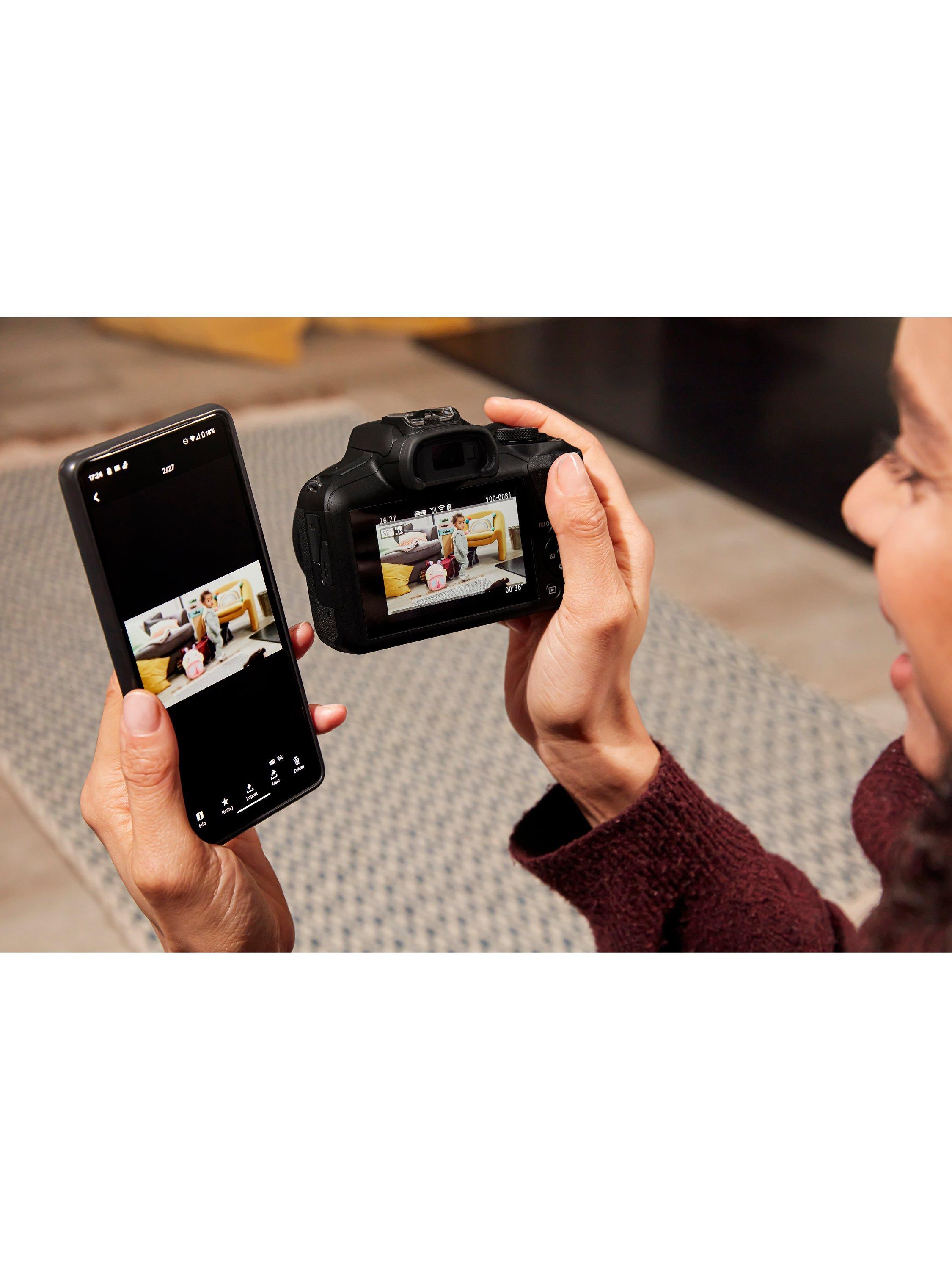 EOS R100 Compact System Camera with RF-S 18-45mm Zoom Lens, 4K Ultra HD, 24.1MP, Wi-Fi, Bluetooth, OLED EVF, 3" Screen, Black