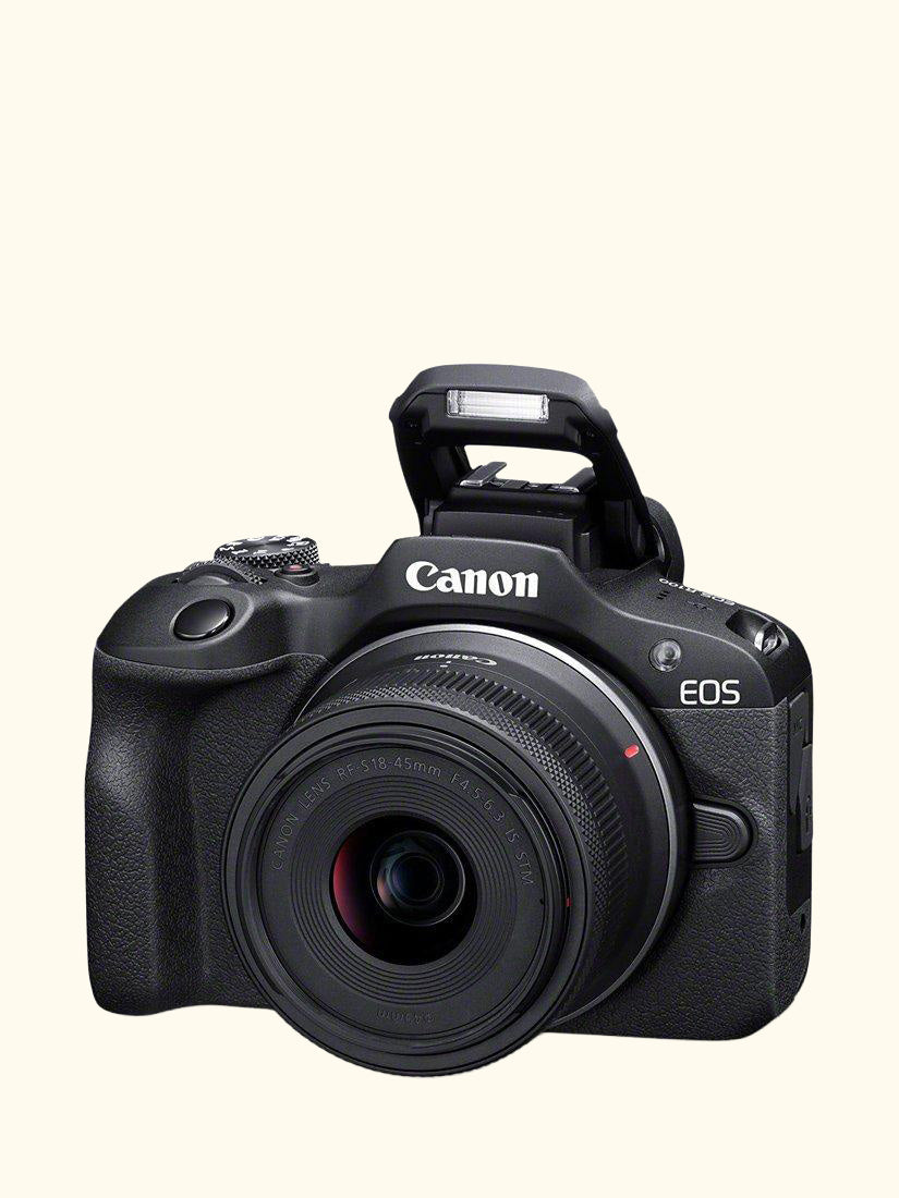 EOS R100 Compact System Camera with RF-S 18-45mm Zoom Lens, 4K Ultra HD, 24.1MP, Wi-Fi, Bluetooth, OLED EVF, 3" Screen, Black