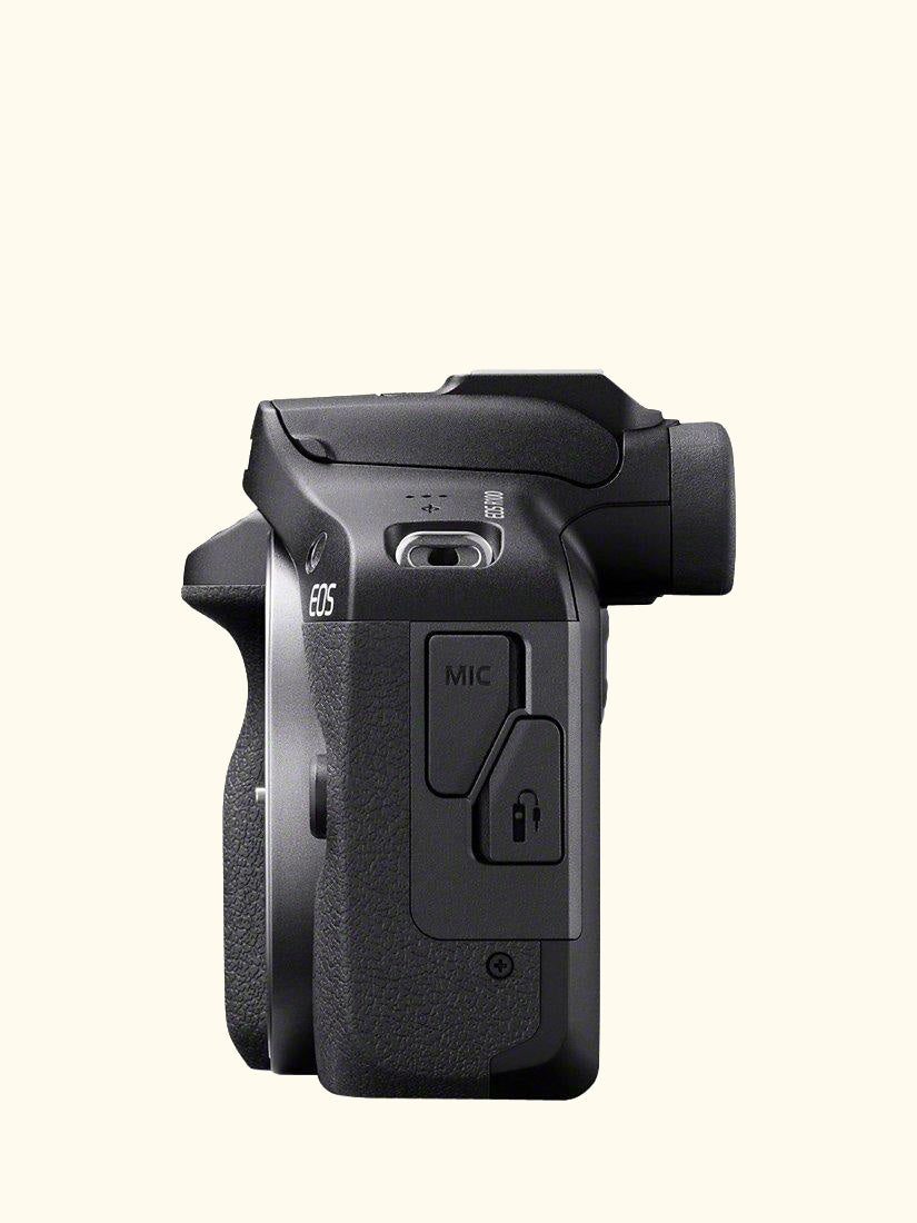 EOS R100 Compact System Camera with RF-S 18-45mm Zoom Lens, 4K Ultra HD, 24.1MP, Wi-Fi, Bluetooth, OLED EVF, 3" Screen, Black