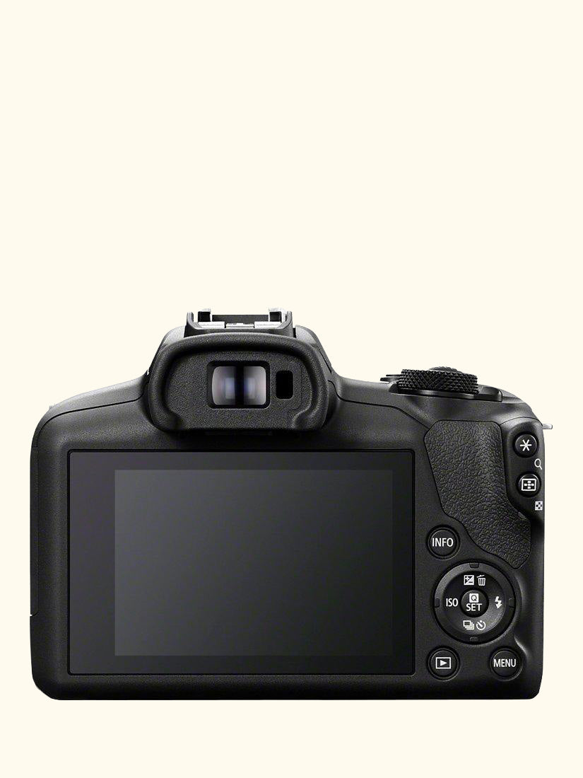 EOS R100 Compact System Camera with RF-S 18-45mm Zoom Lens, 4K Ultra HD, 24.1MP, Wi-Fi, Bluetooth, OLED EVF, 3" Screen, Black
