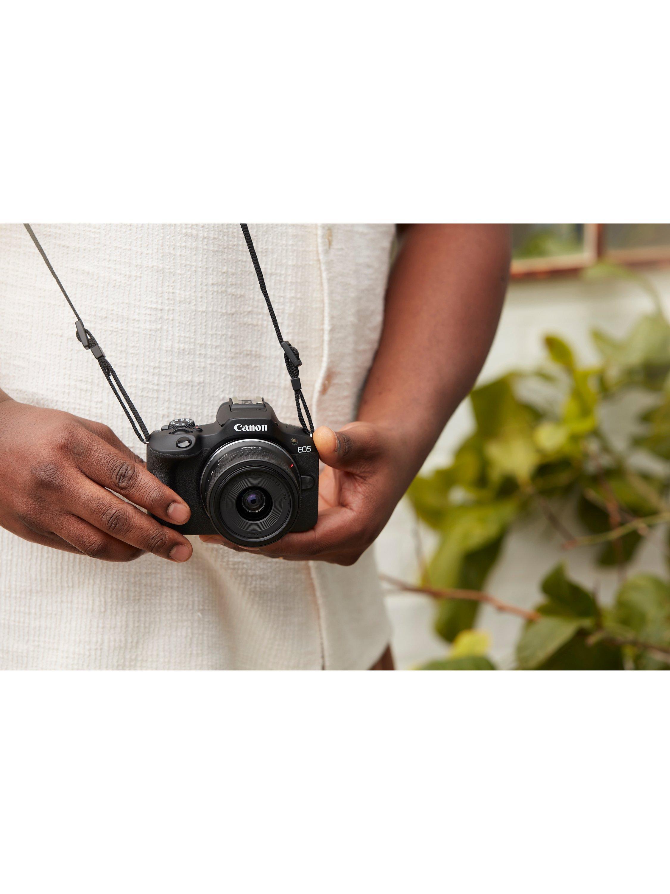 EOS R100 Compact System Camera with RF-S 18-45mm Zoom Lens, 4K Ultra HD, 24.1MP, Wi-Fi, Bluetooth, OLED EVF, 3" Screen, Black