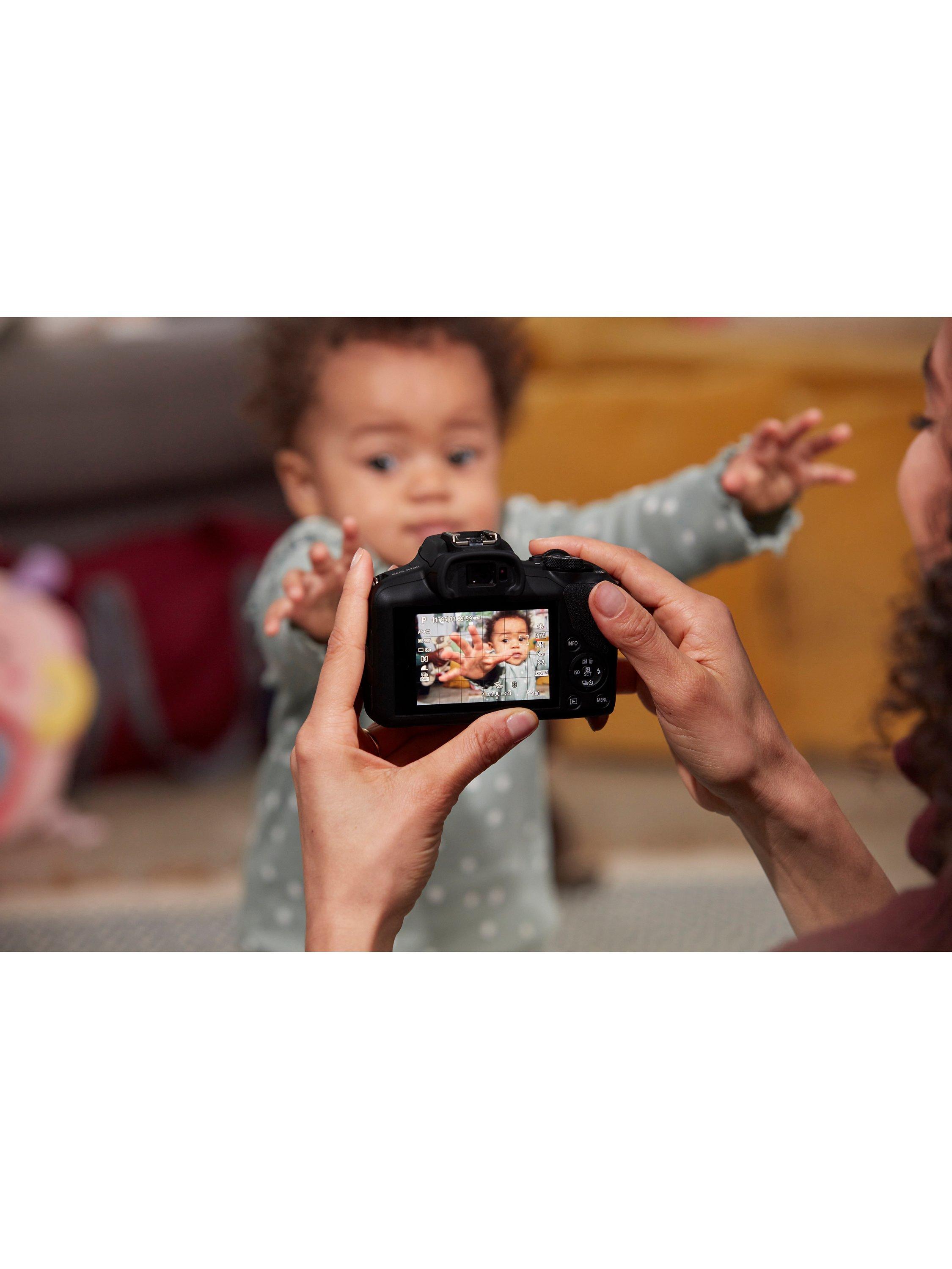 EOS R100 Compact System Camera with RF-S 18-45mm Zoom Lens, 4K Ultra HD, 24.1MP, Wi-Fi, Bluetooth, OLED EVF, 3" Screen, Black