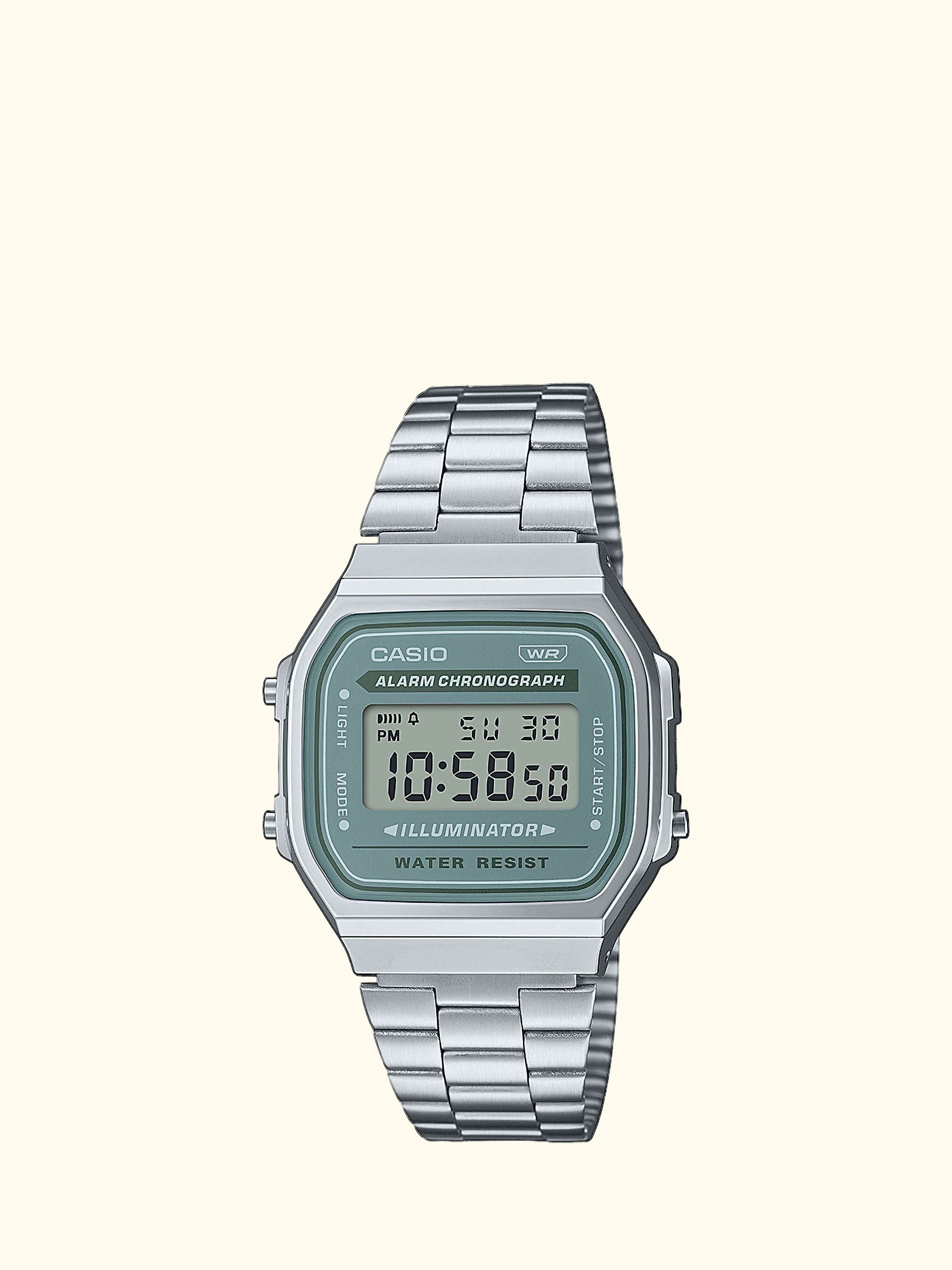 A168WA-3AYES Unisex Vintage Digital Bracelet Strap Watch, Silver/Green