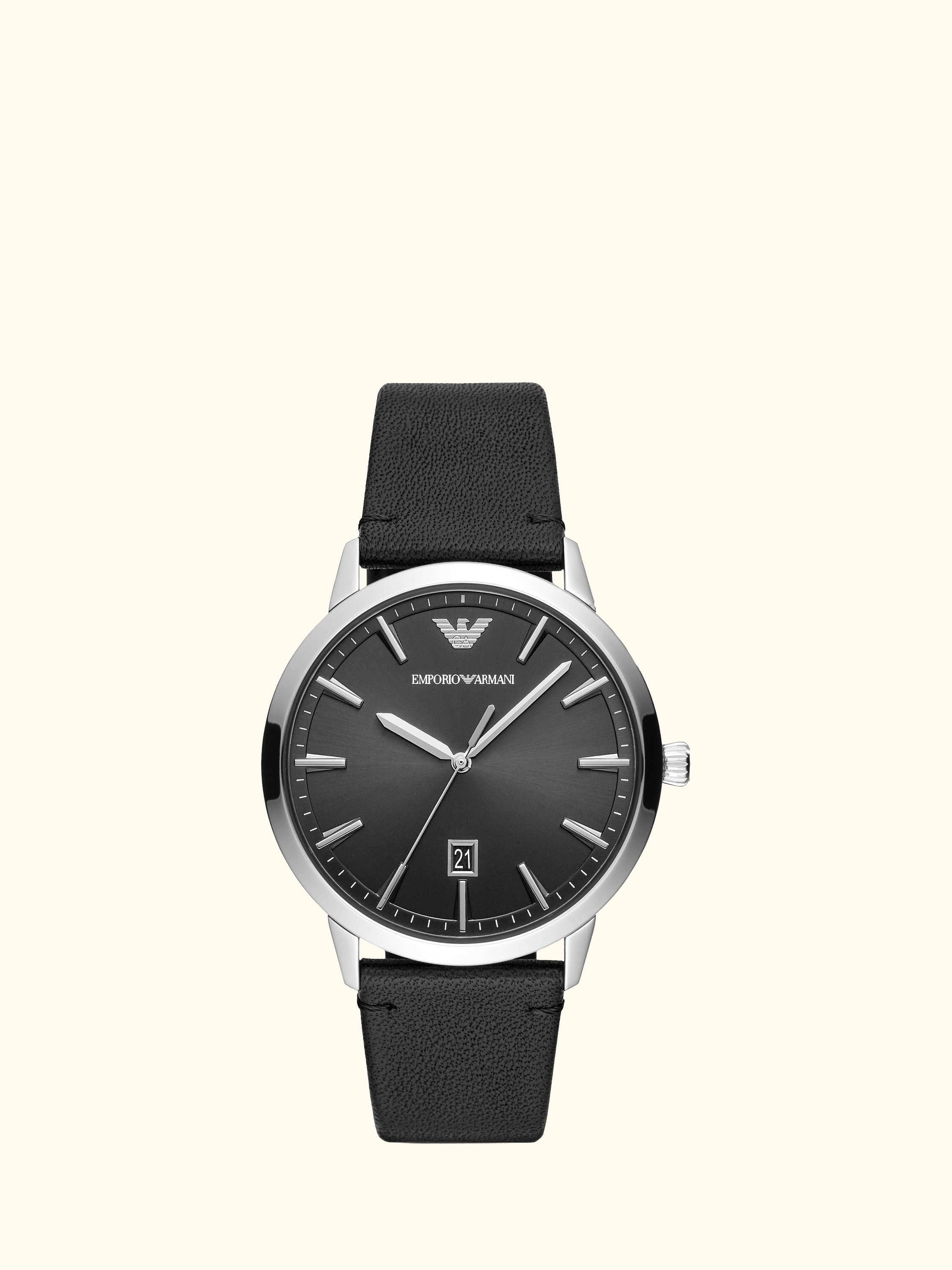 AR11193 Men's Date Leather Strap Watch, Silver/Black