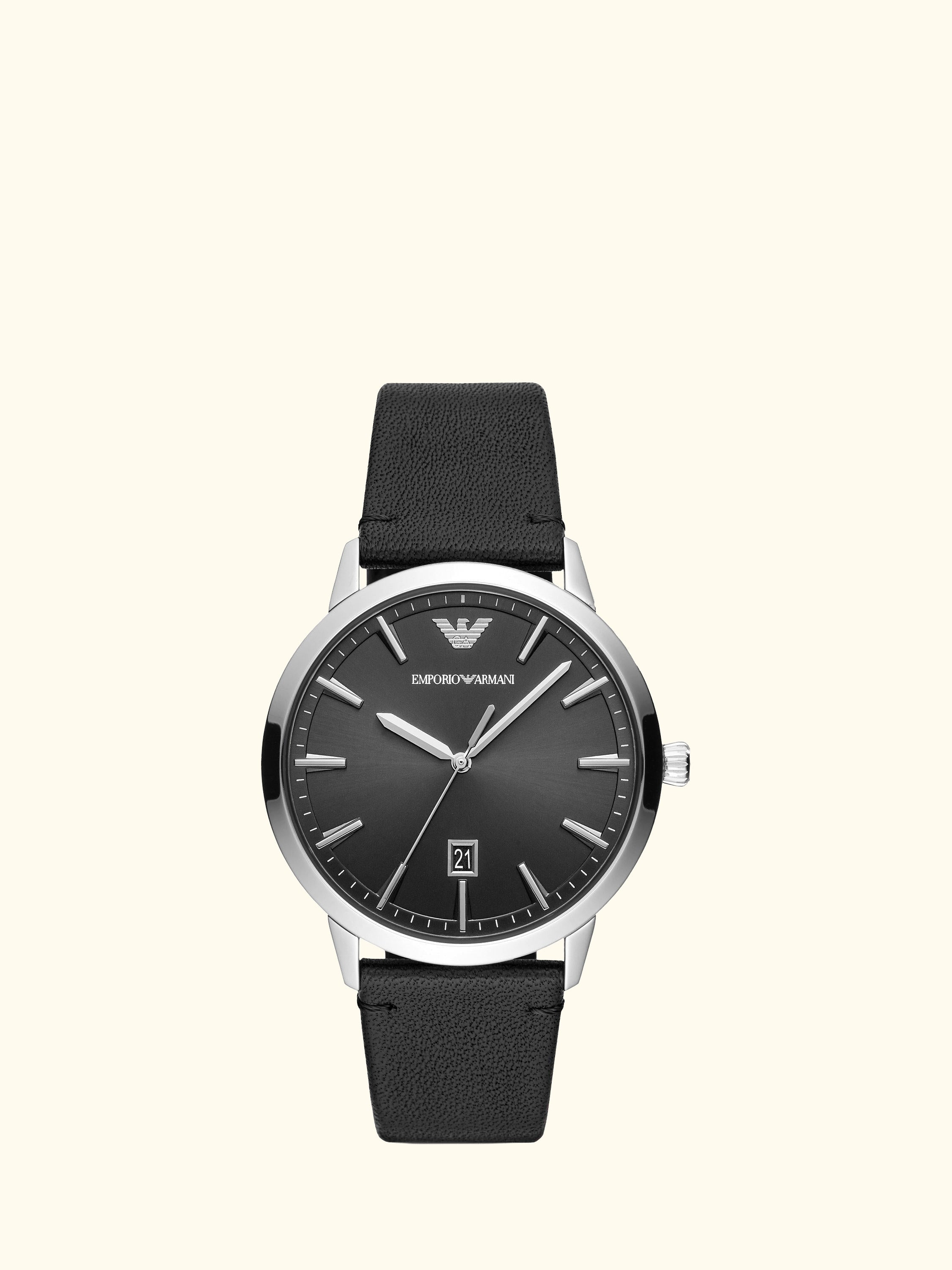 AR11193 Men's Date Leather Strap Watch, Silver/Black