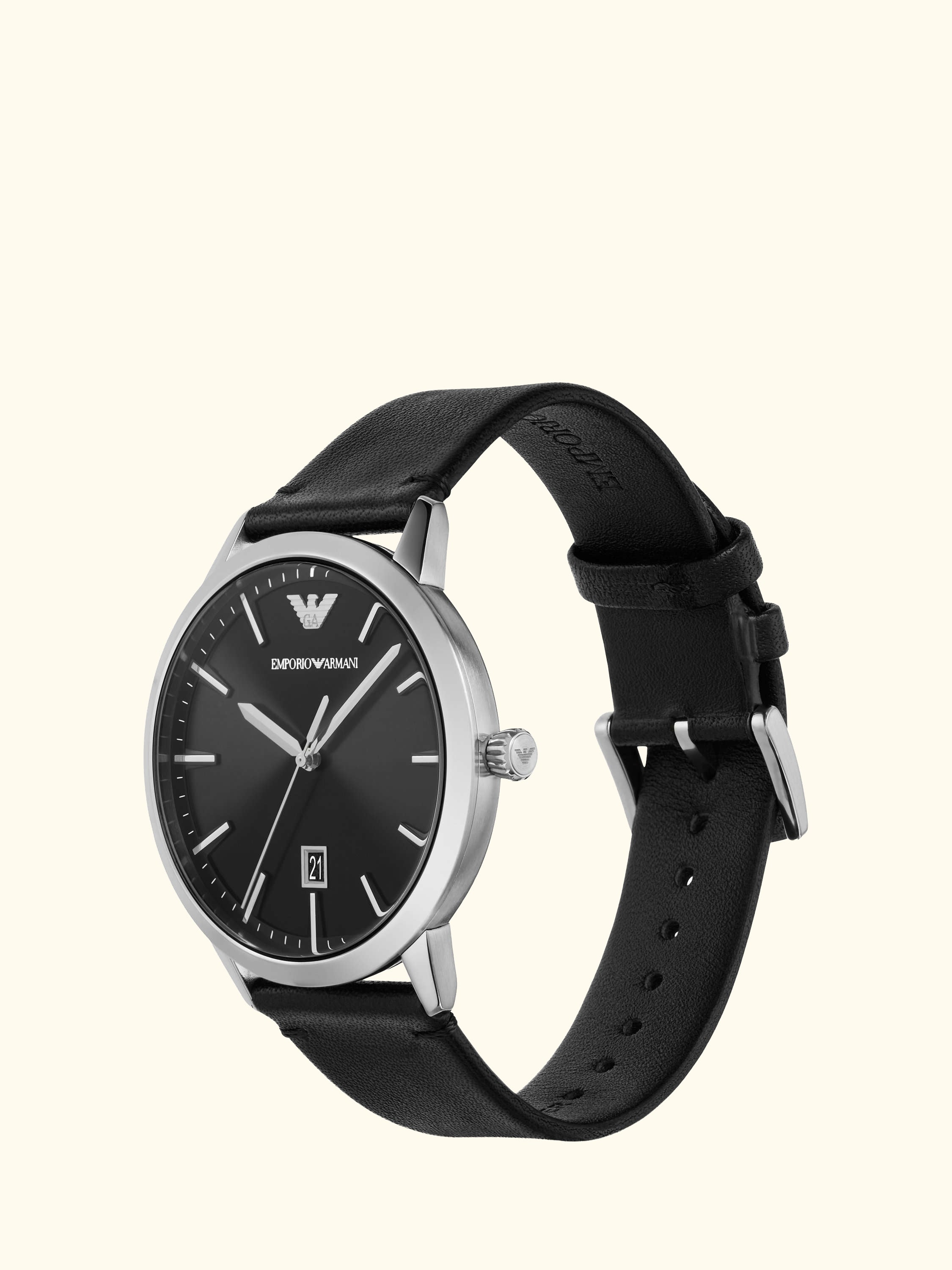 AR11193 Men's Date Leather Strap Watch, Silver/Black