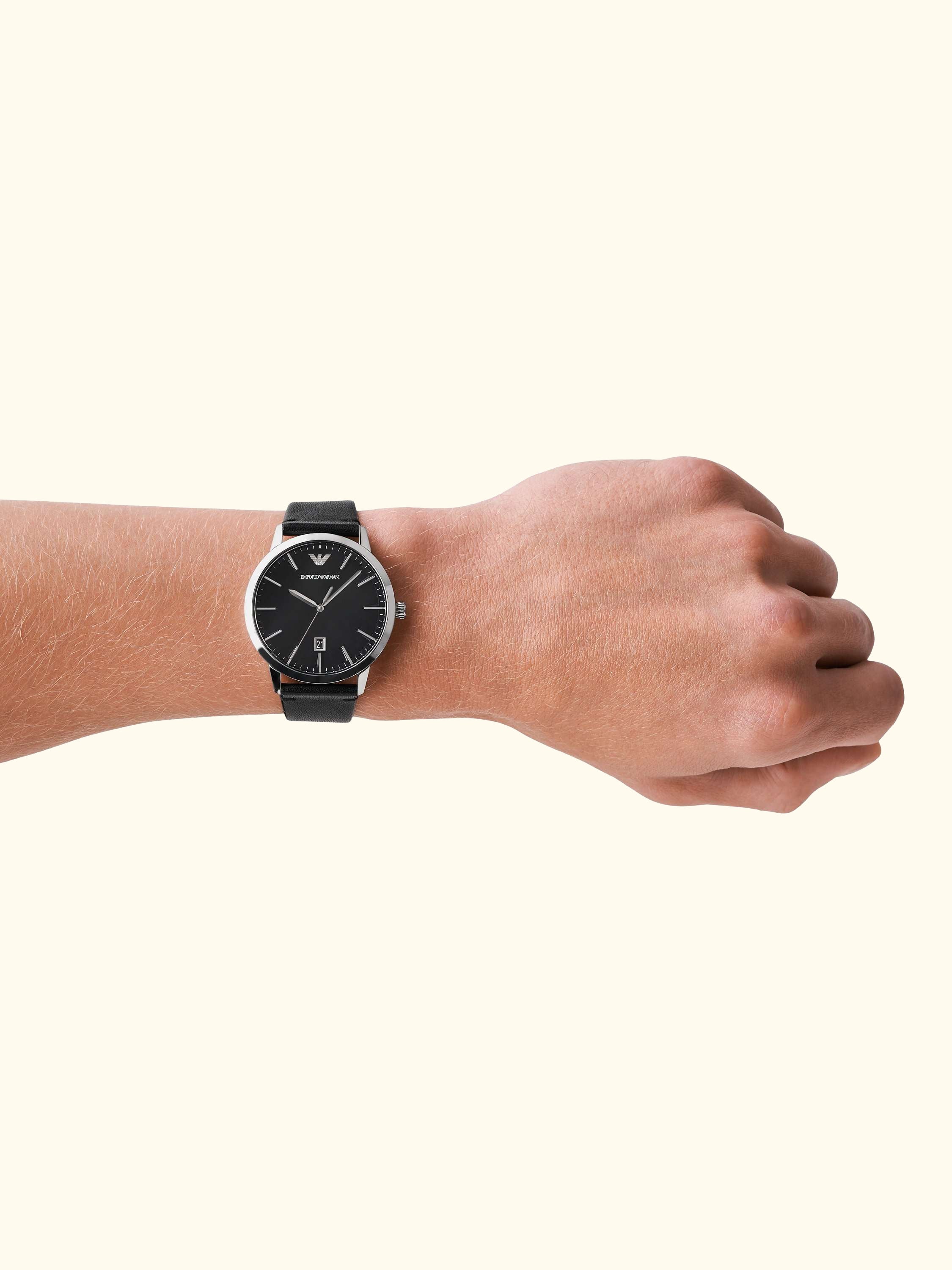 AR11193 Men's Date Leather Strap Watch, Silver/Black
