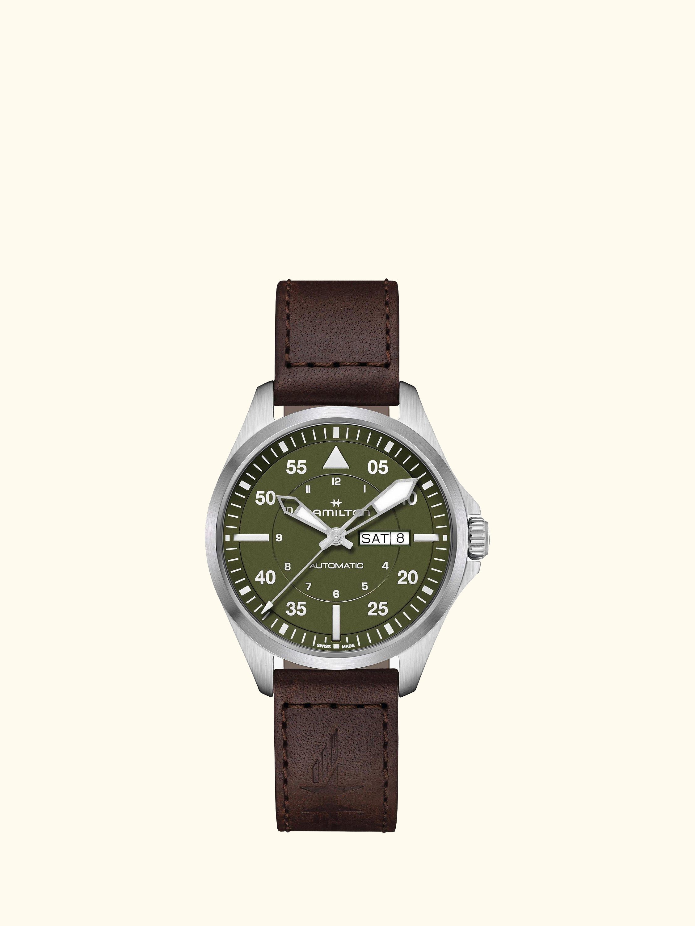 H64635560 Men's Khaki Aviation Pilot Day Date Automatic Leather Strap Watch, Green/Brown