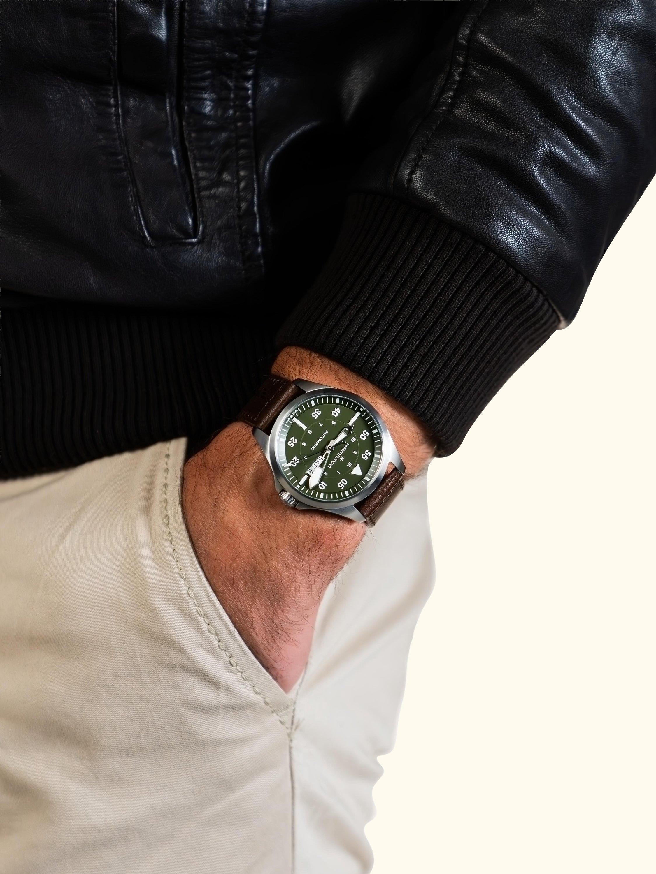H64635560 Men's Khaki Aviation Pilot Day Date Automatic Leather Strap Watch, Green/Brown