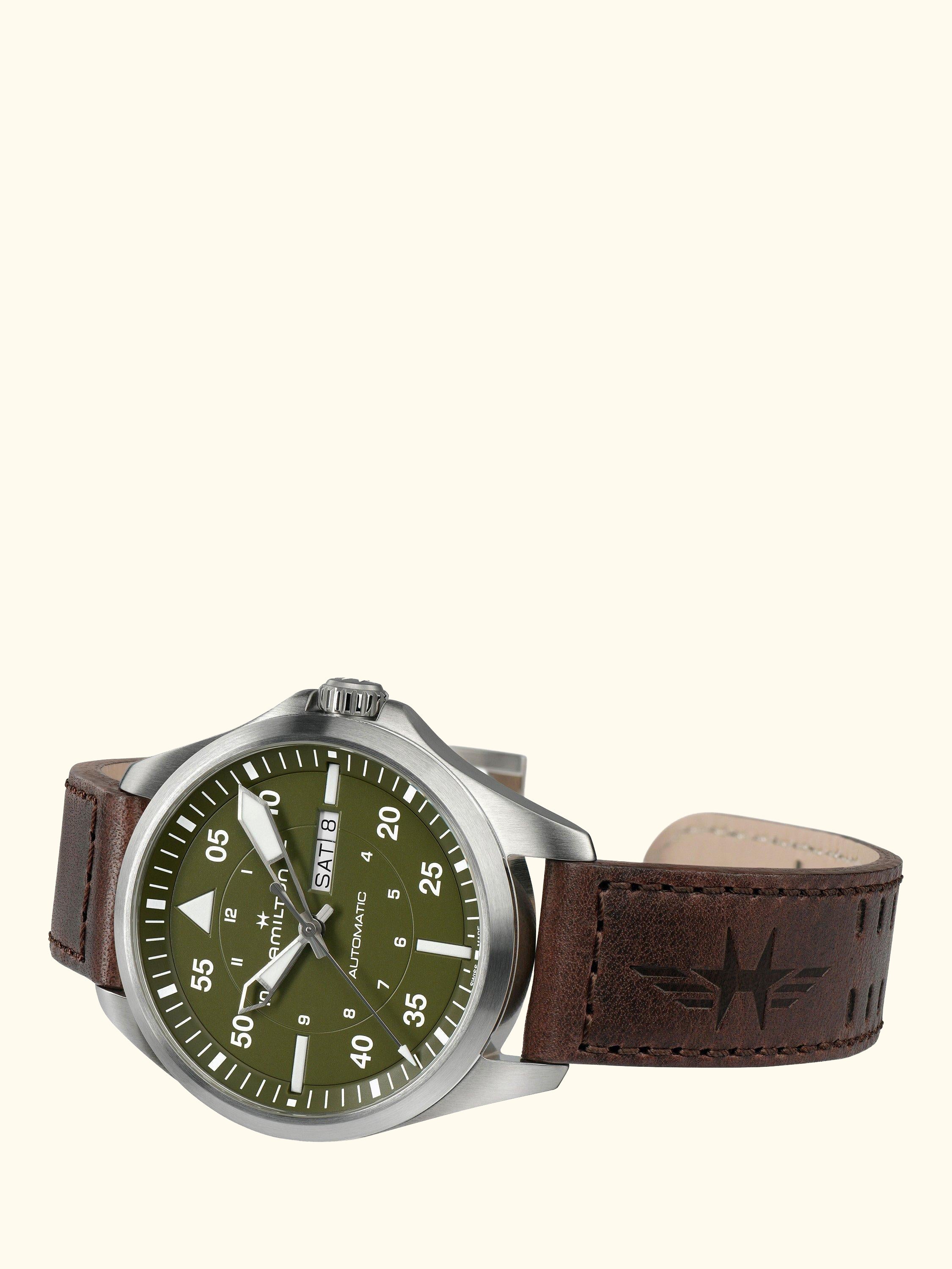 H64635560 Men's Khaki Aviation Pilot Day Date Automatic Leather Strap Watch, Green/Brown