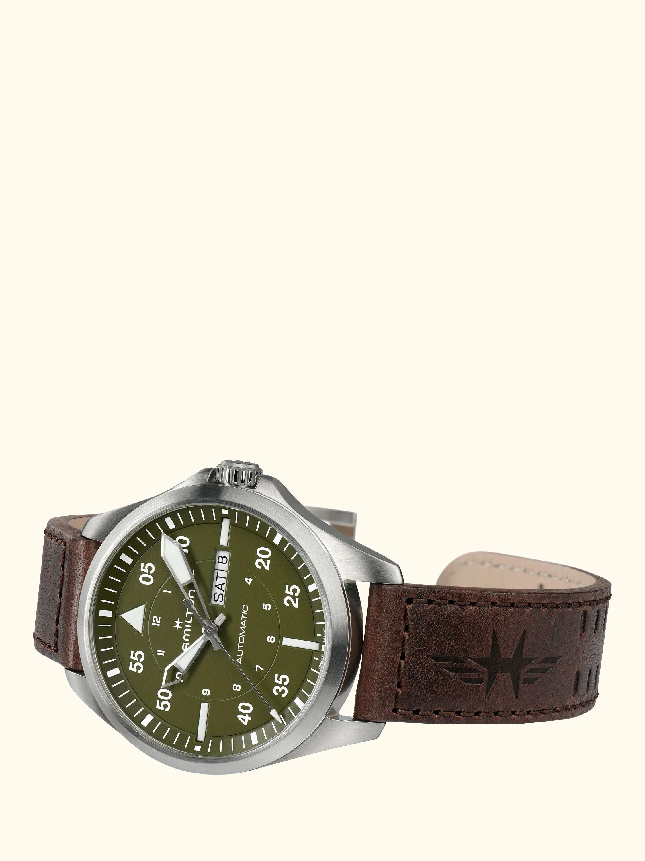 H64635560 Men's Khaki Aviation Pilot Day Date Automatic Leather Strap Watch, Green/Brown