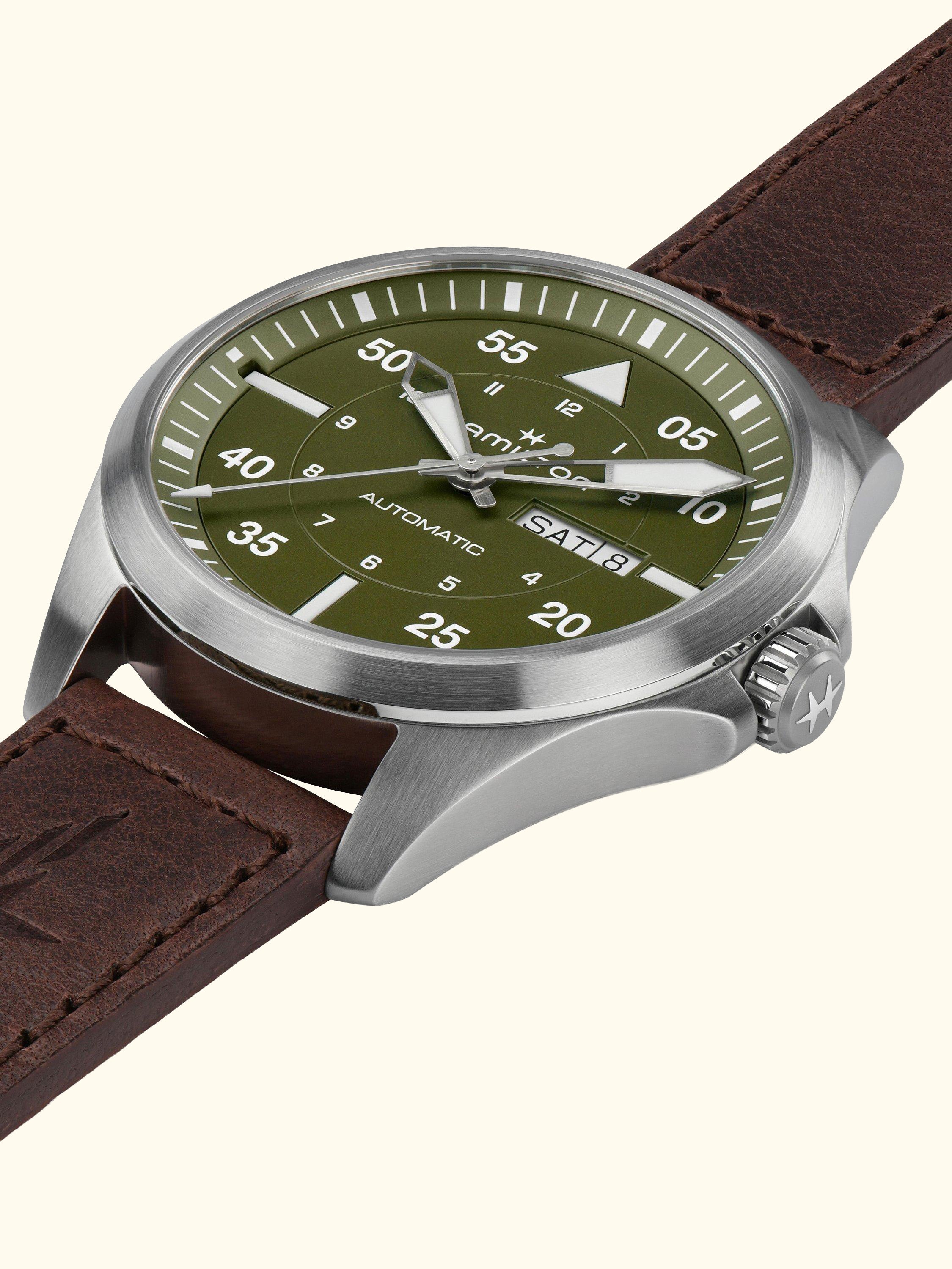 H64635560 Men's Khaki Aviation Pilot Day Date Automatic Leather Strap Watch, Green/Brown