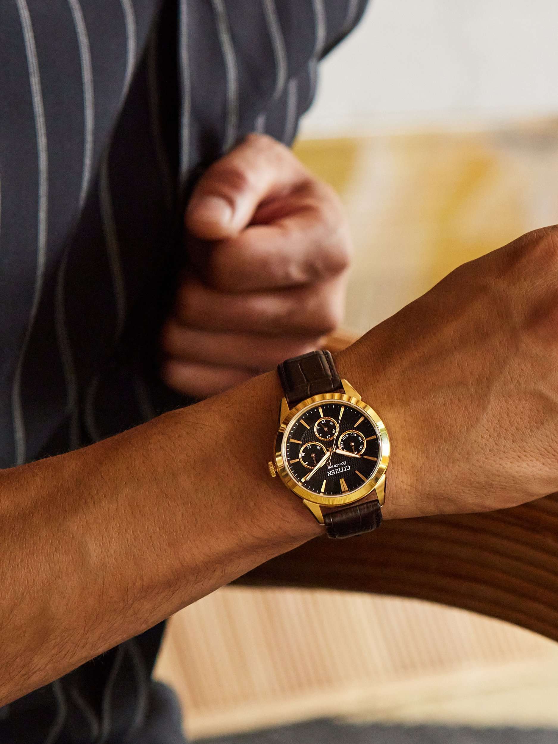 Men's Eco-Drive Chronograph Day Date Leather Strap Watch