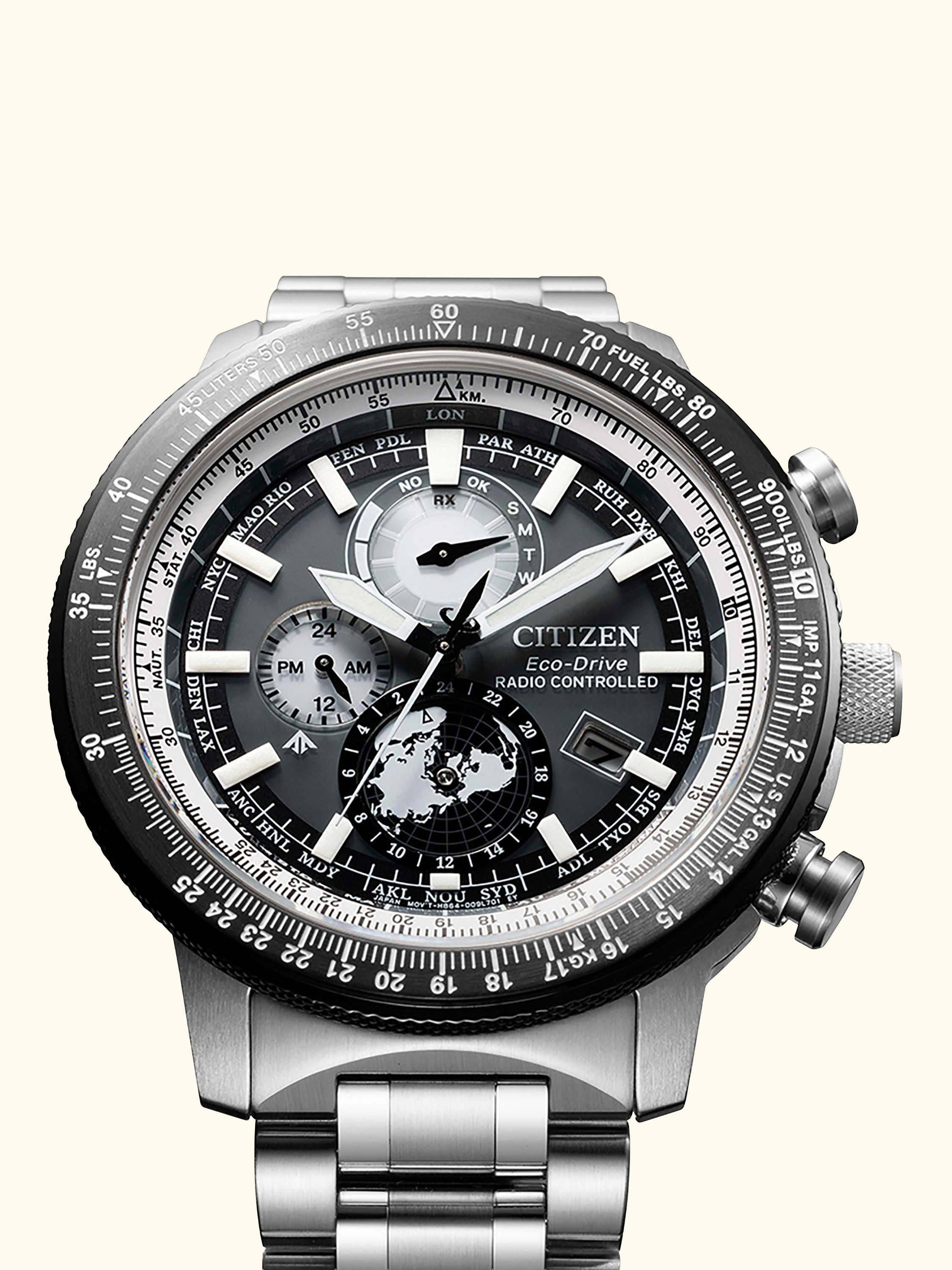 BY3006-53H Men's Pro Master Chronograph Eco-Drive Bracelet Strap Watch, Silver/Blue